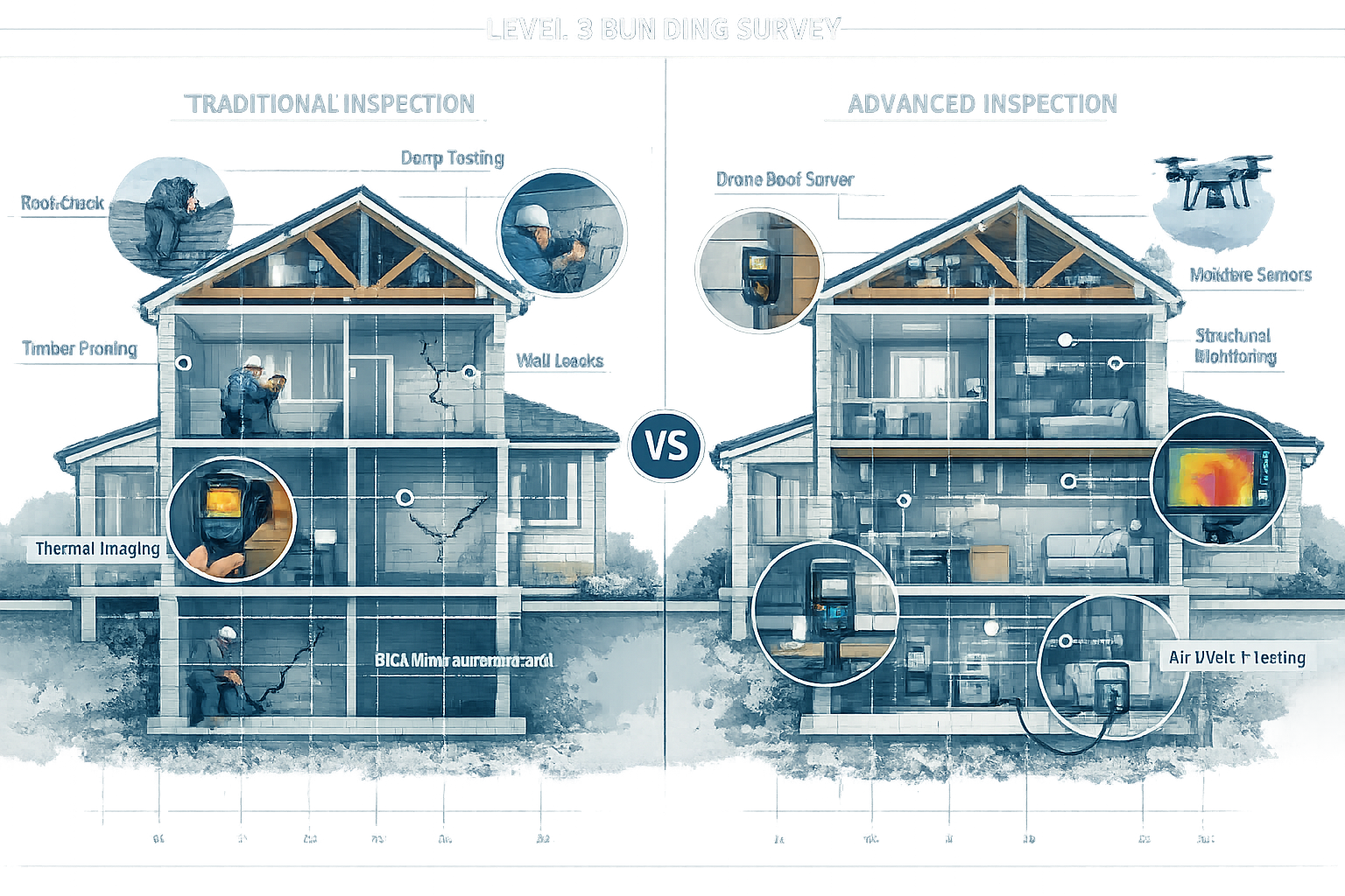 Architectural cross-section illustration depicting current market context for Level 3 Building Surveys, split-screen showing