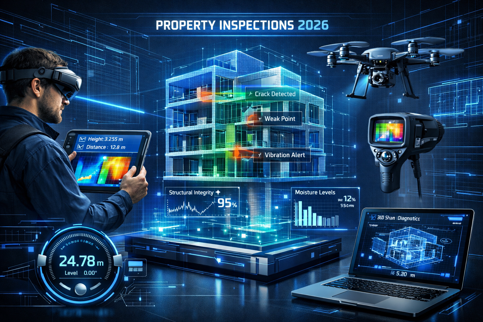 High-tech visualization of RICS technological integration for 2026 property inspections, featuring augmented reality