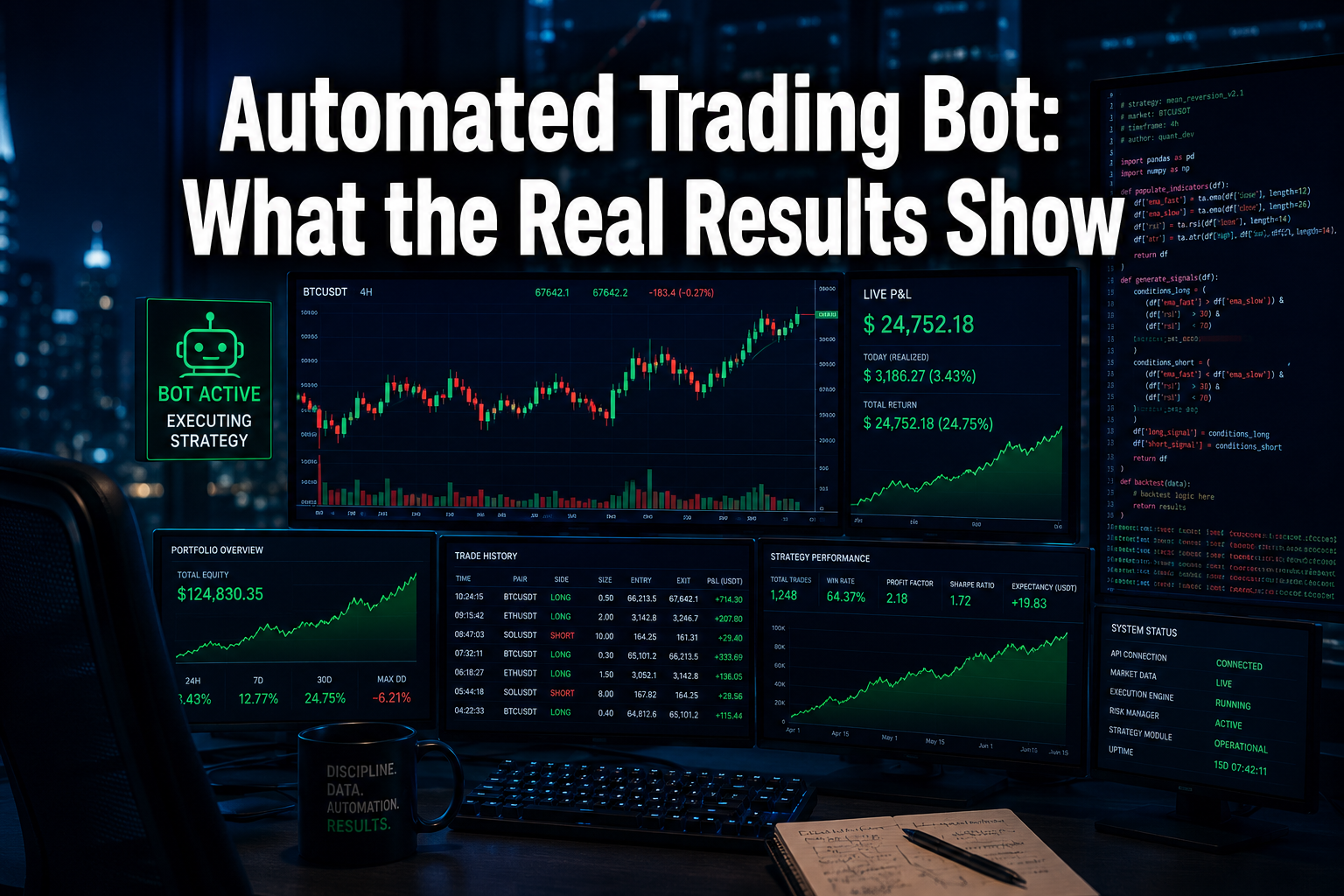 Professional () hero image with : 'Automated Trading Bot: What the Real Results Show' in extra large white with dark drop ,