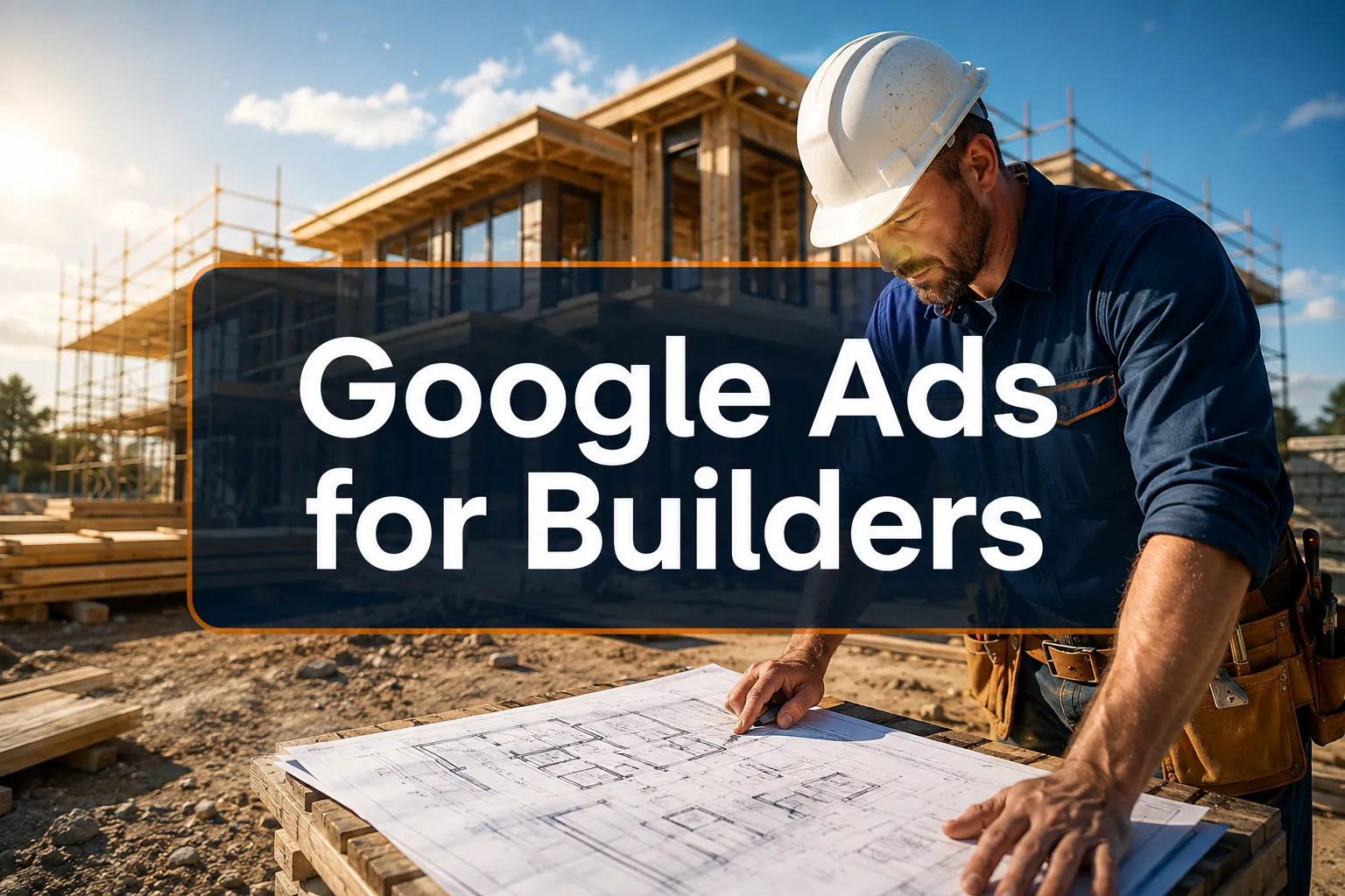 Professional hero image with 'Google Ads for Builders' in crisp white on a dark semi-transparent panel, centered