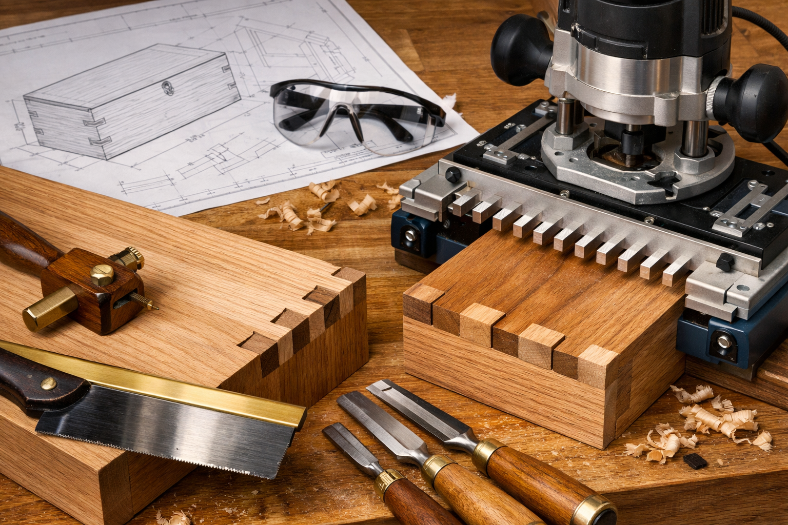 A detailed landscape format (1536x1024) image showcasing a workbench scene focused on the process of cutting dovetail joints for a wooden st