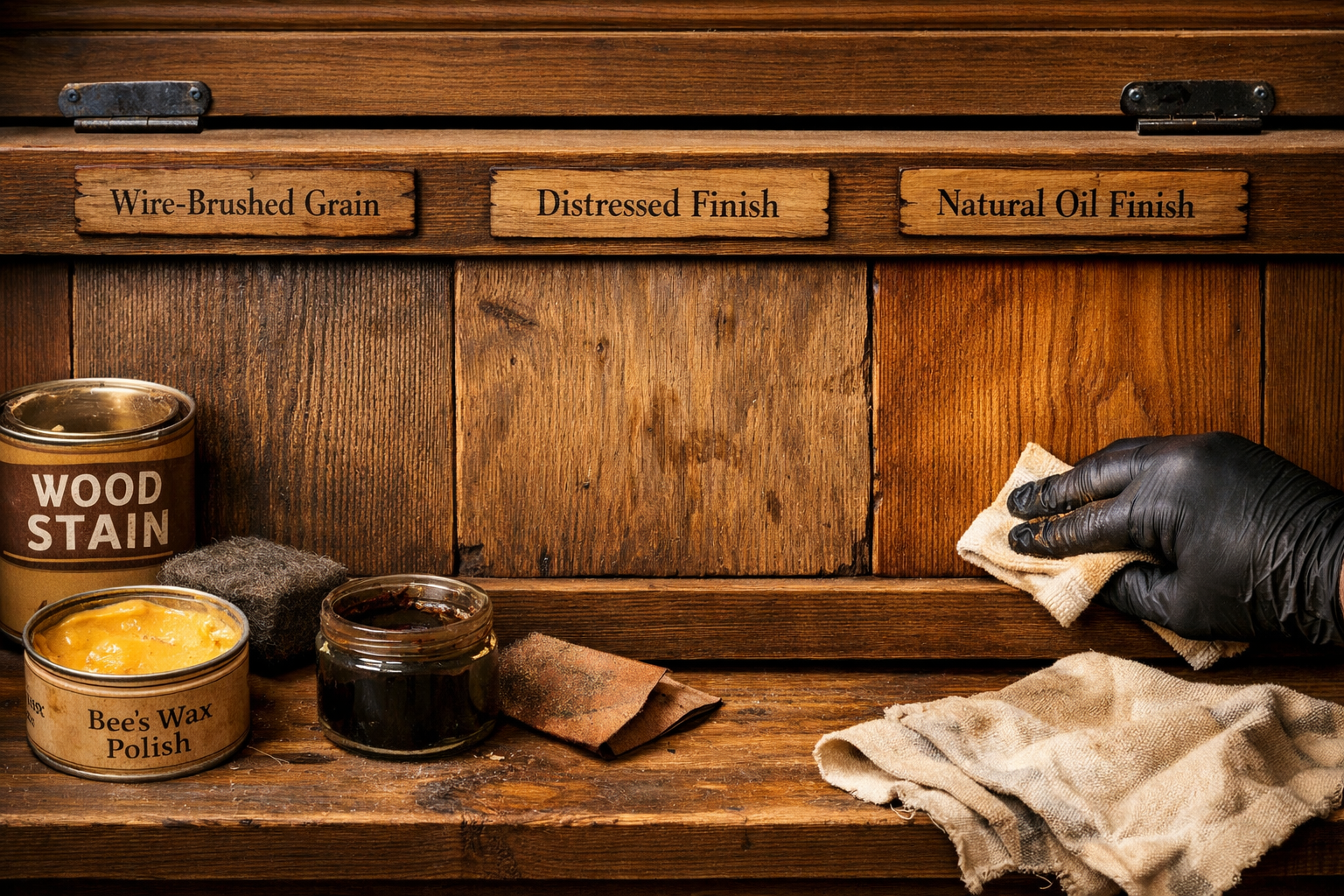 A landscape format (1536x1024) image illustrating various rustic finishing techniques applied to a section of a wooden storage chest. Show s