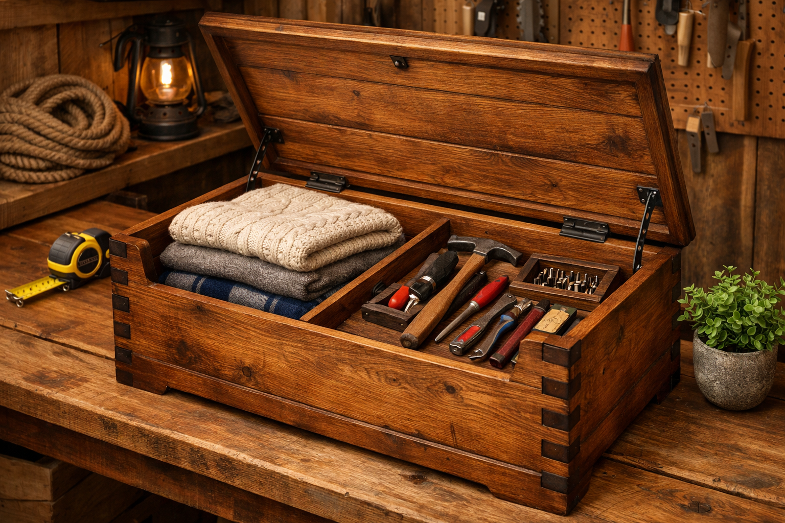 A landscape format (1536x1024) image depicting a finished rustic wooden storage chest with a hinged lid, prominently displaying its dovetail