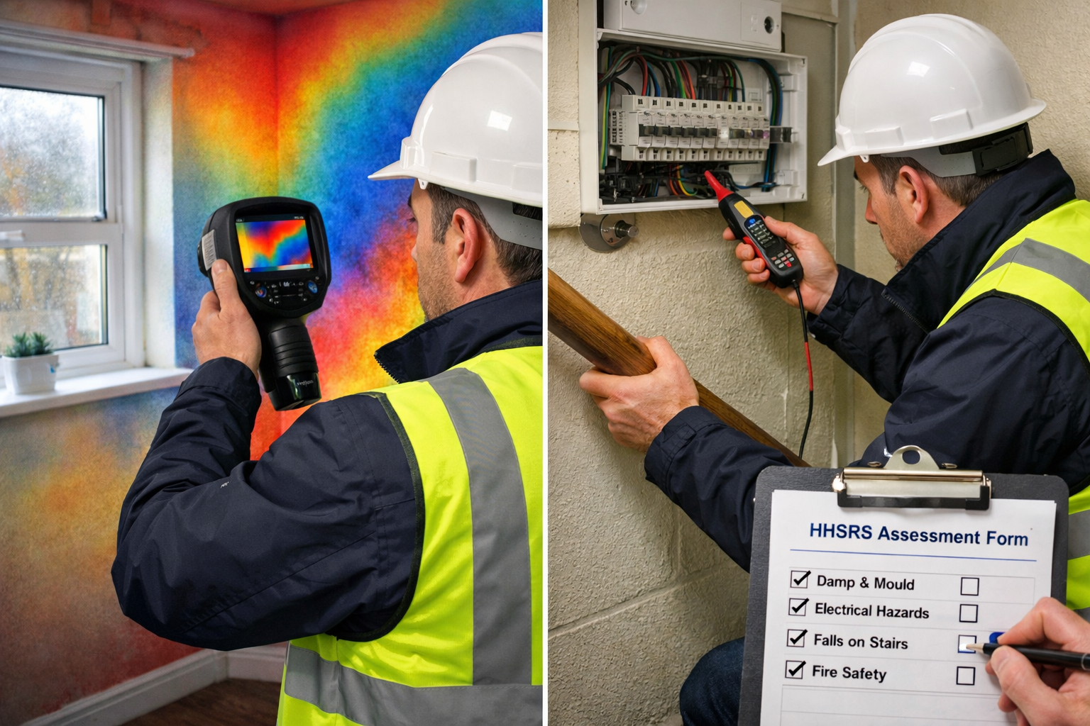 () split-screen composition showing building surveyor conducting comprehensive hazard assessment in social housing unit.