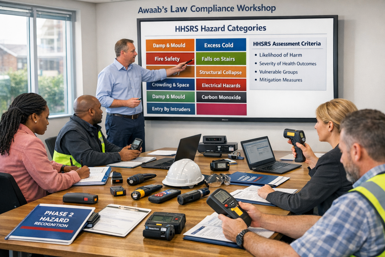 () professional training classroom scene showing diverse group of building surveyors and housing officers attending Awaab's