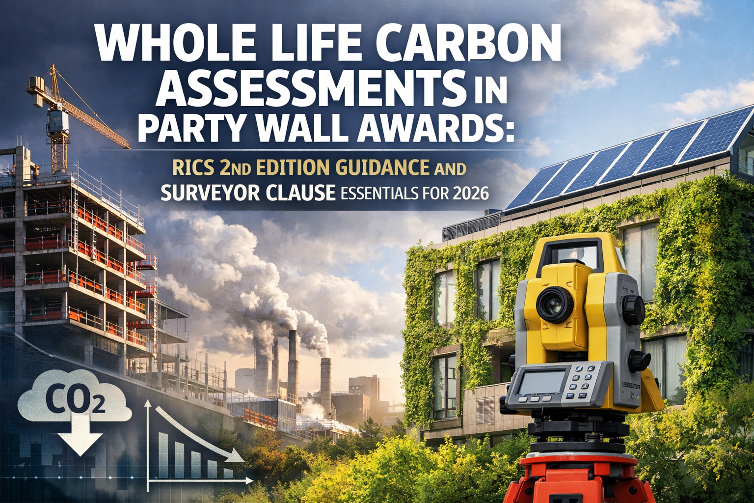 Professional landscape hero image () with : "Whole Life Carbon Assessments in Party Wall Awards: RICS 2nd Edition Guidance