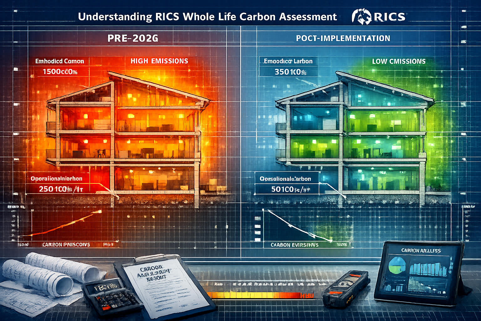 Understanding RICS Whole Life Carbon Assessment section: Technical architectural rendering displaying cross-section of
