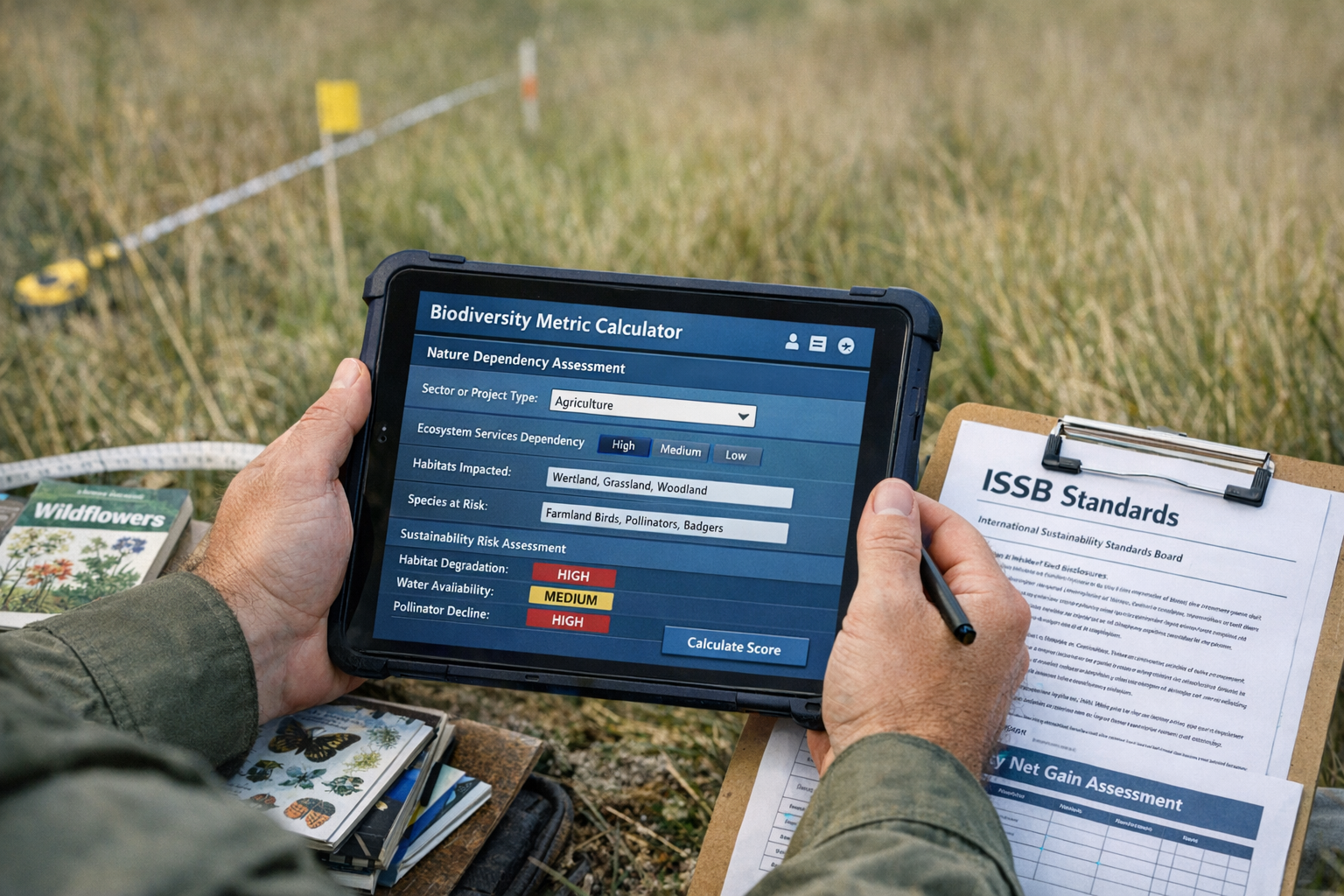 () editorial image showing close-up of ecologist hands holding professional survey tablet displaying biodiversity metric