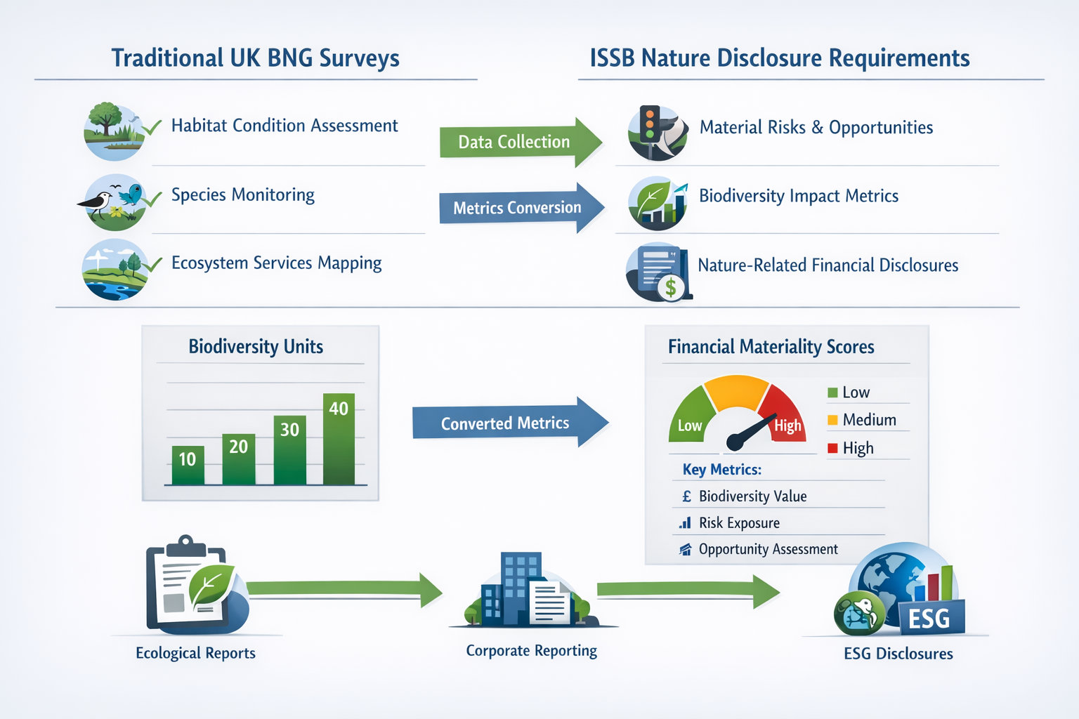 () infographic-style image displaying comprehensive comparison table showing alignment between traditional UK BNG survey