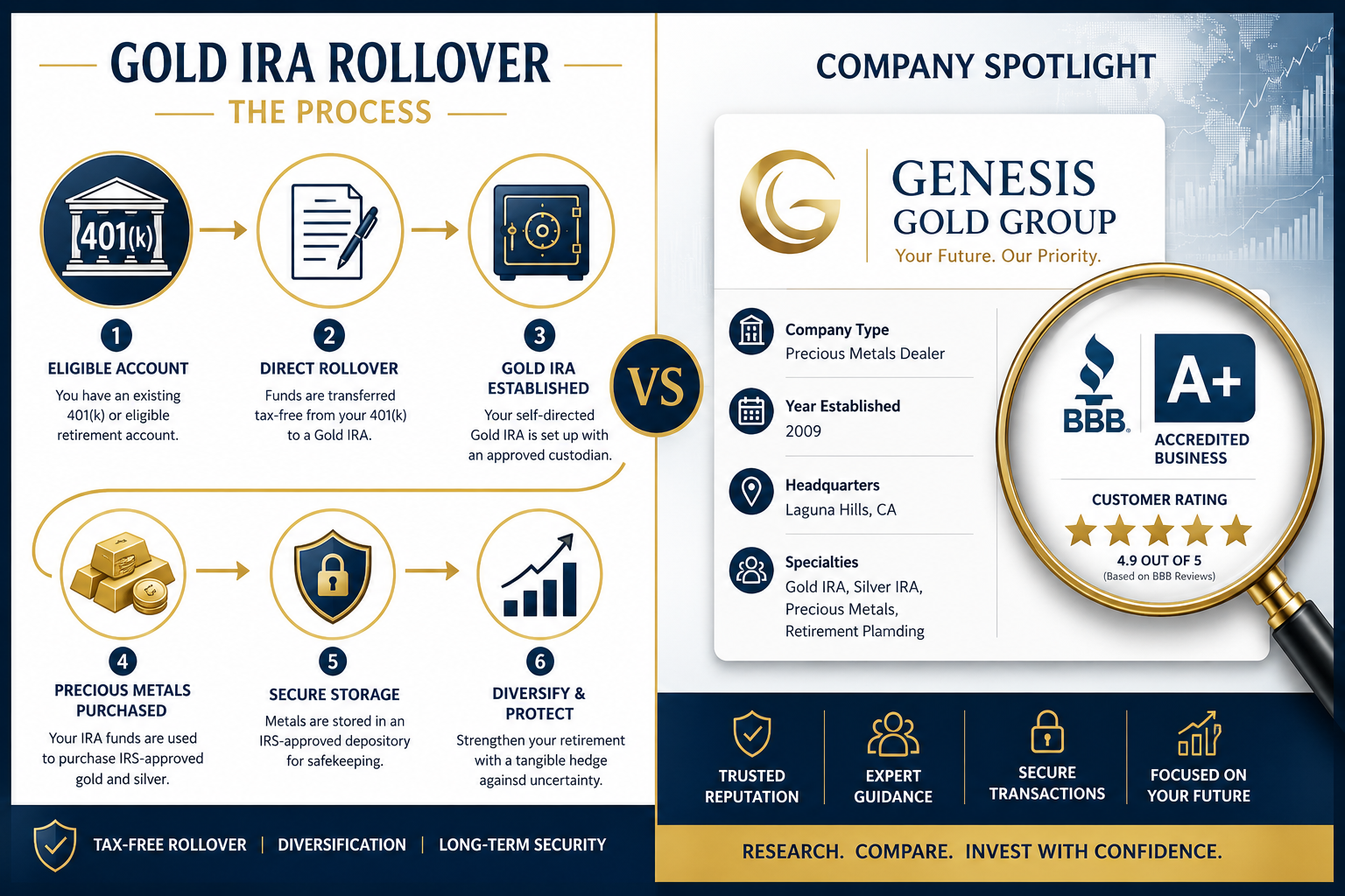() editorial illustration showing a split-scene comparison: left side displays a gold IRA rollover process diagram with