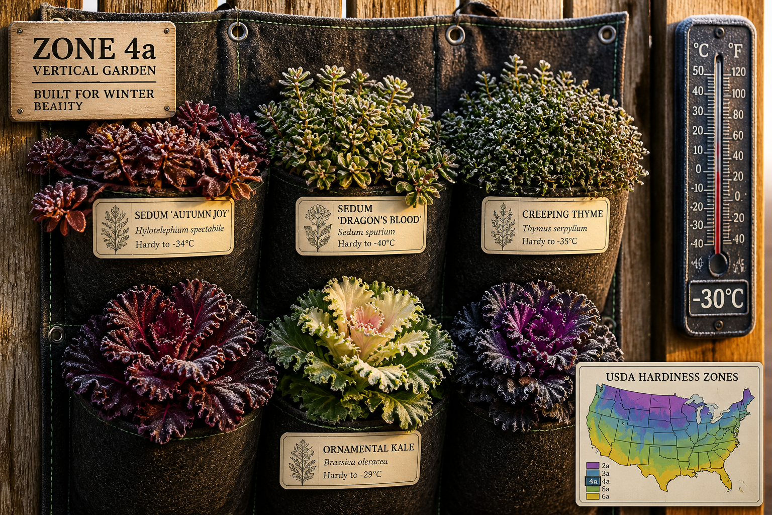 Close-up editorial photograph () of a Zone 4a vertical garden pocket panel in late autumn, showing hardy sedum varieties,
