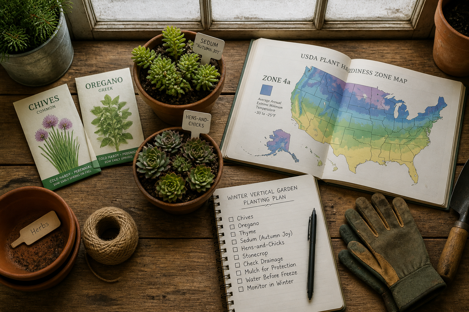 Flat-lay overhead photograph () of a wooden potting table showing Zone 4a winter vertical garden planning materials: seed