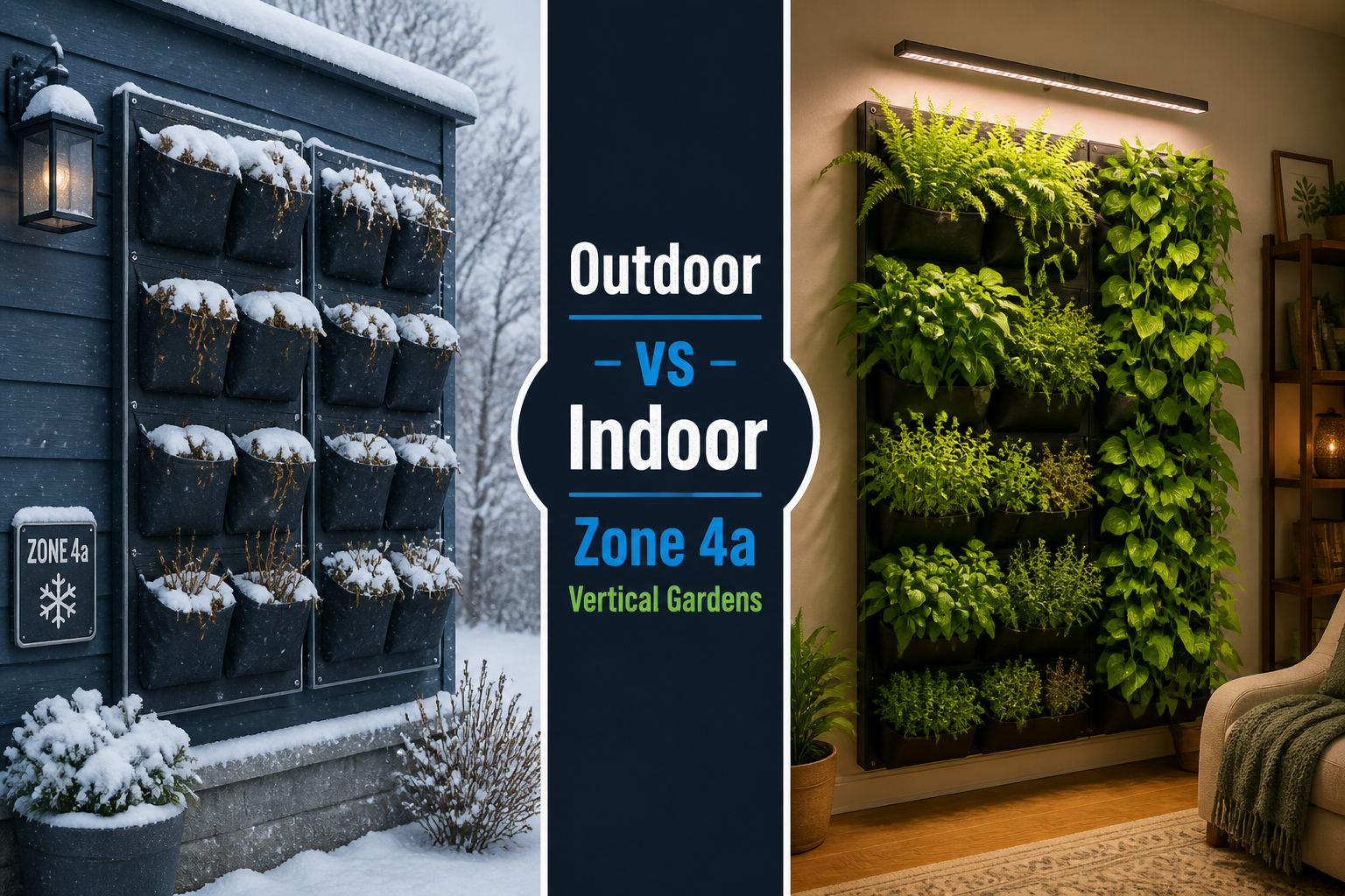 Split-scene infographic-style image () showing left side: an outdoor Zone 4a vertical garden in deep winter with