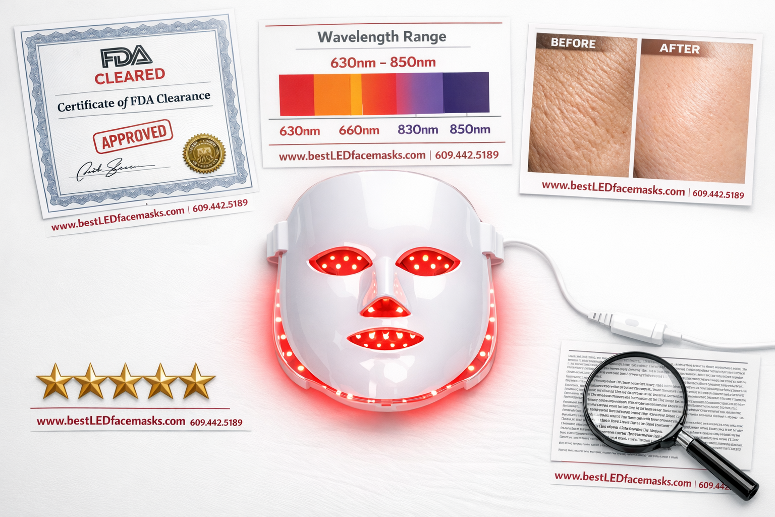 () overhead flat-lay composition showing a red light therapy mask surrounded by product quality verification elements: FDA