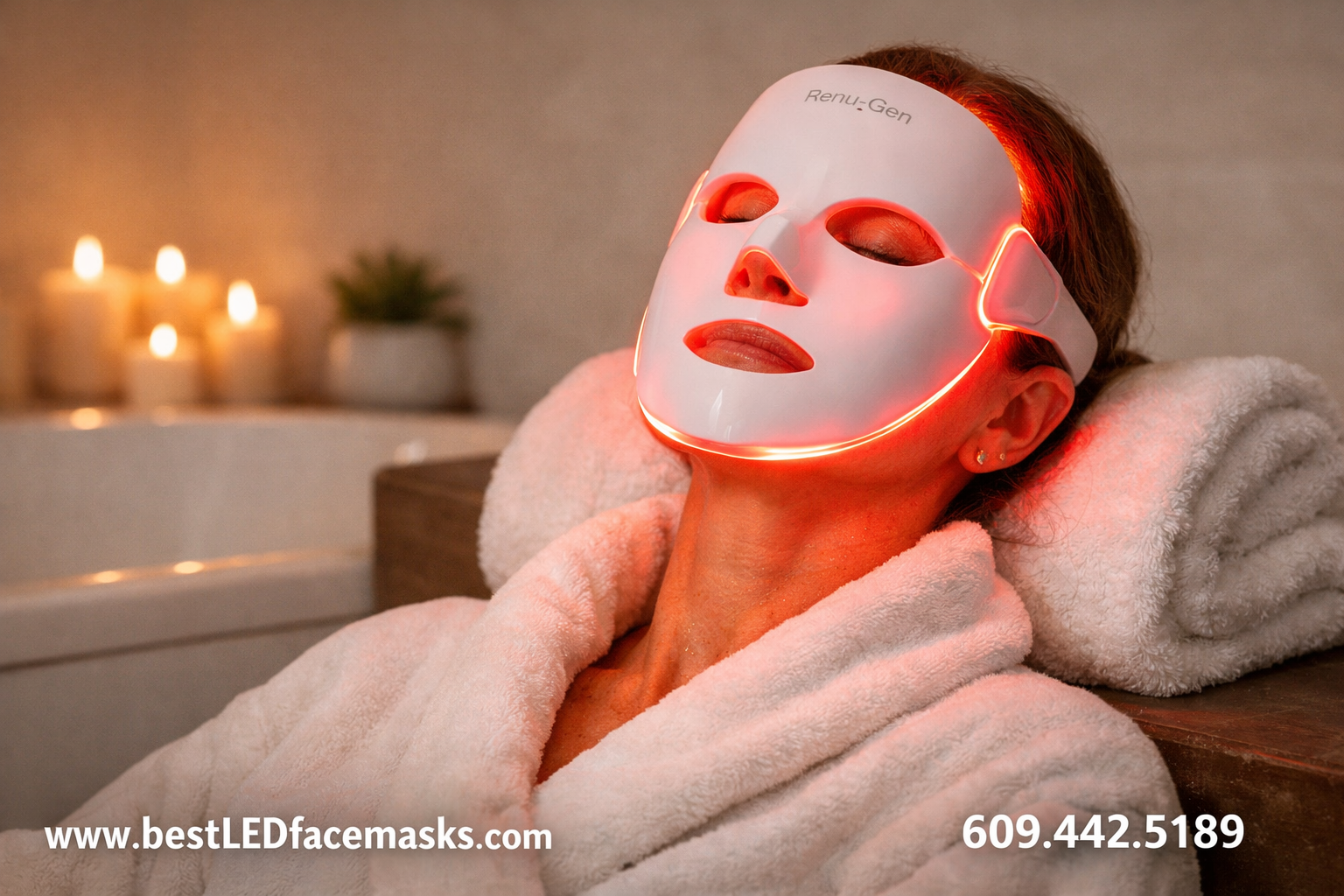 () lifestyle photograph of a woman in her 40s relaxing in a modern, warm red light illuminating her face, serene expression,
