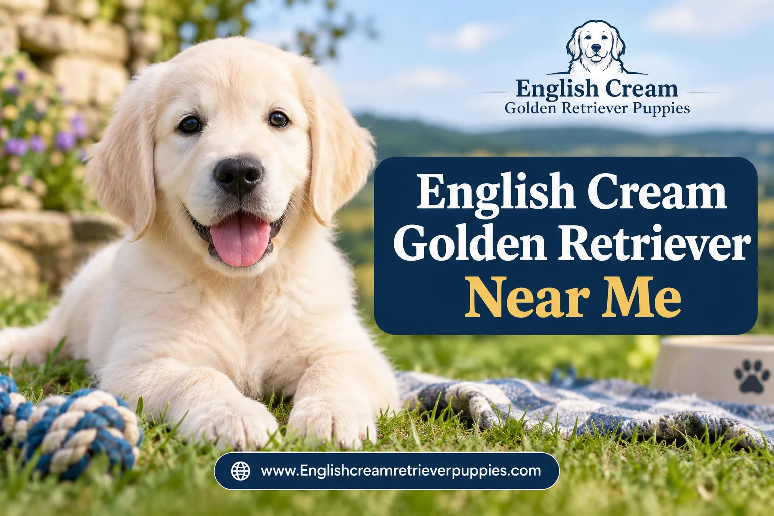 A reading "English Cream Golden Retriever Near Me". CRITICAL TYPOGRAPHY RULES: render the text on 1–2 lines, centered, with