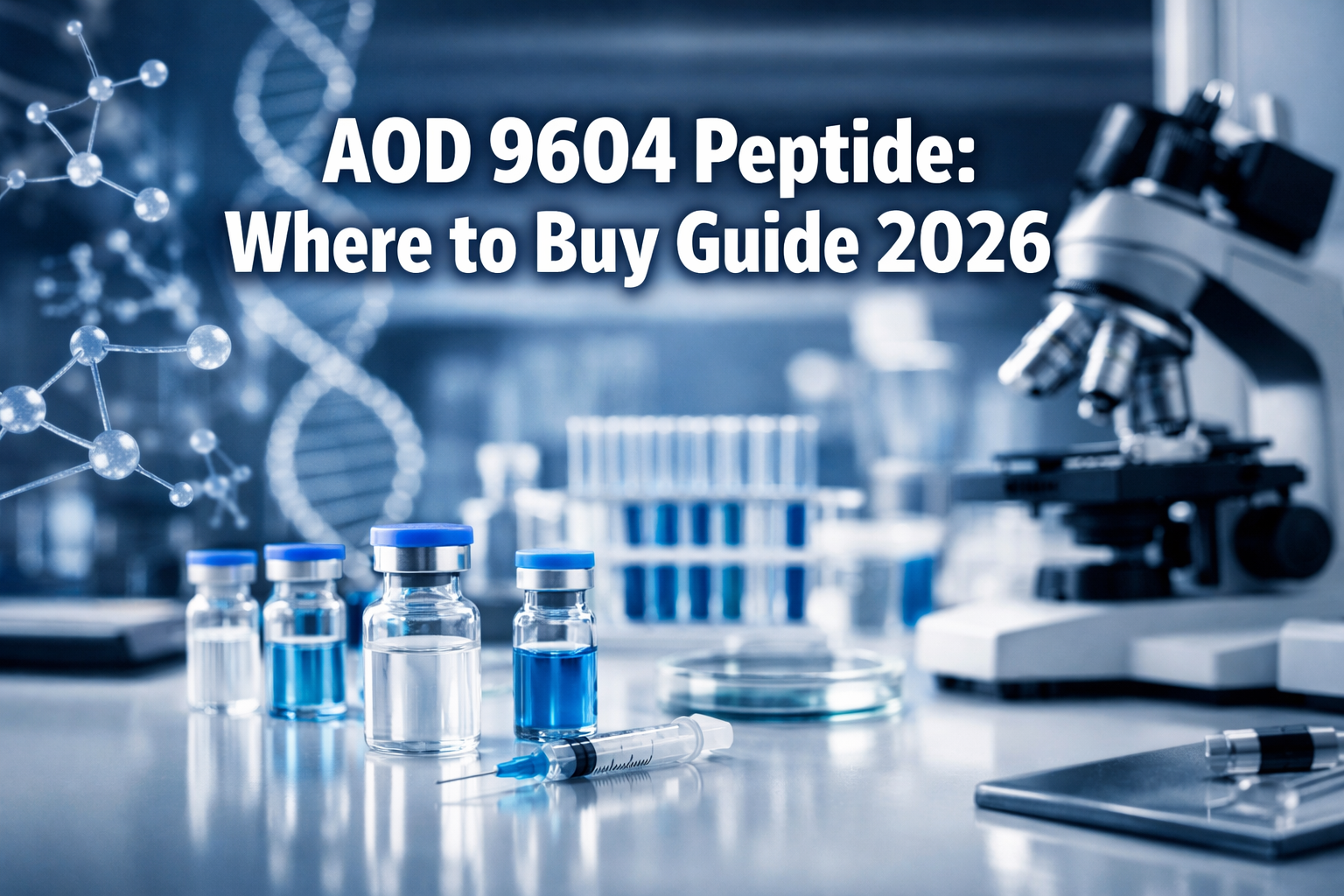 Professional landscape hero image (1536x1024) featuring bold text overlay 'AOD 9604 Peptide: Where to Buy Guide 2026' in extra large 72pt wh