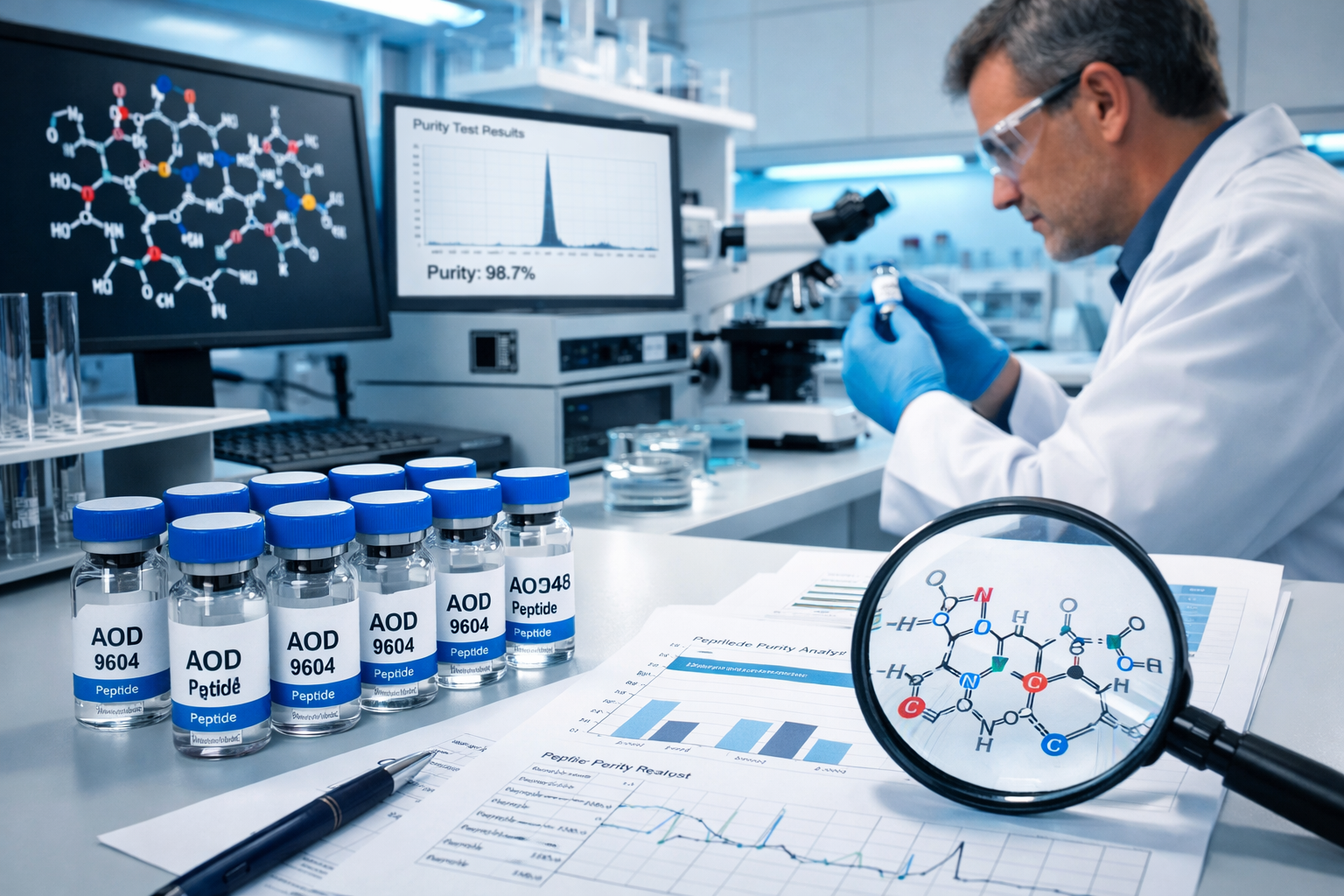 Scientific laboratory scene showing peptide vials labeled AOD 9604, research documentation, quality testing equipment, molecular structure d