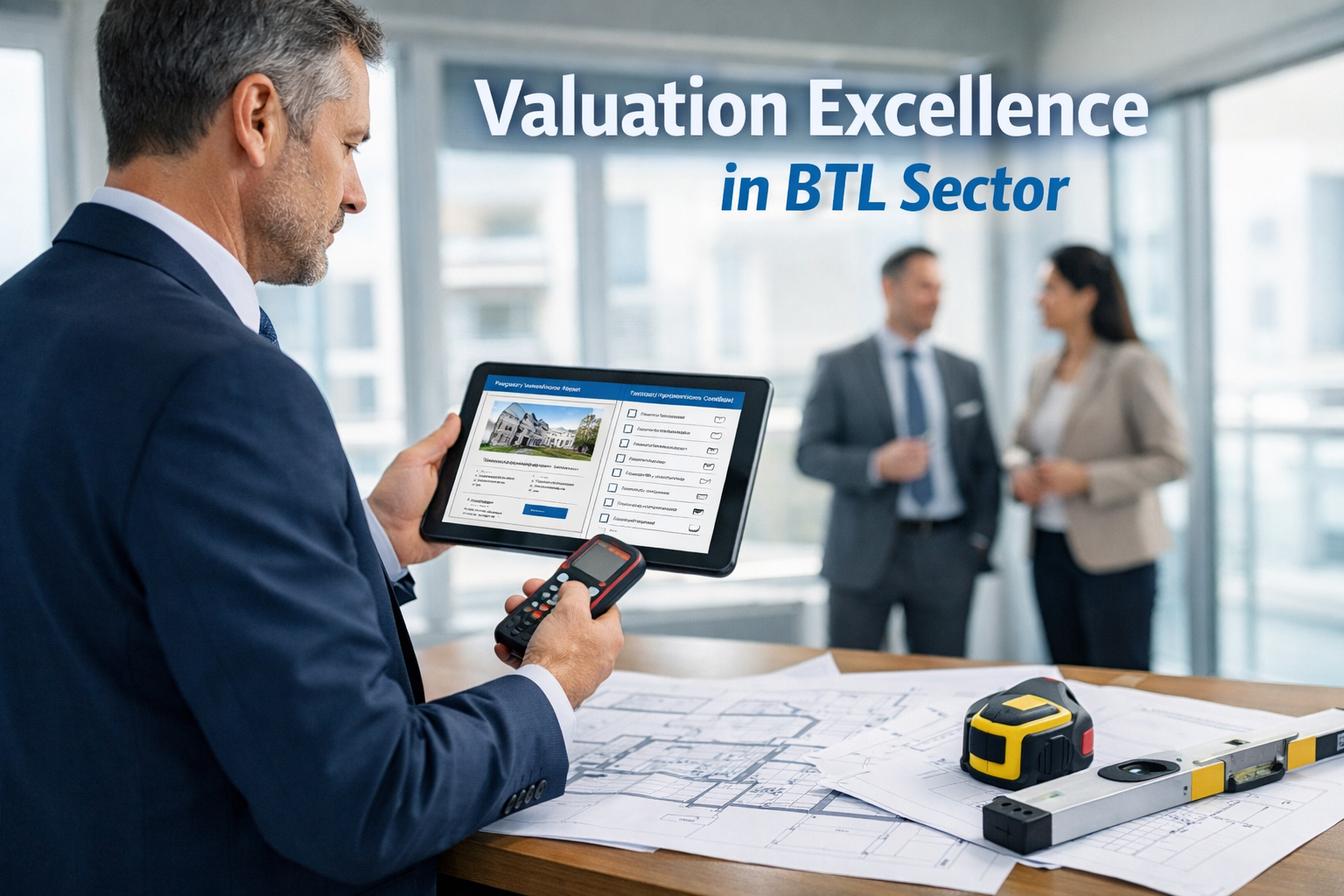 Detailed landscape format (1536x1024) image showing professional chartered surveyor in business attire conducting detailed property inspecti