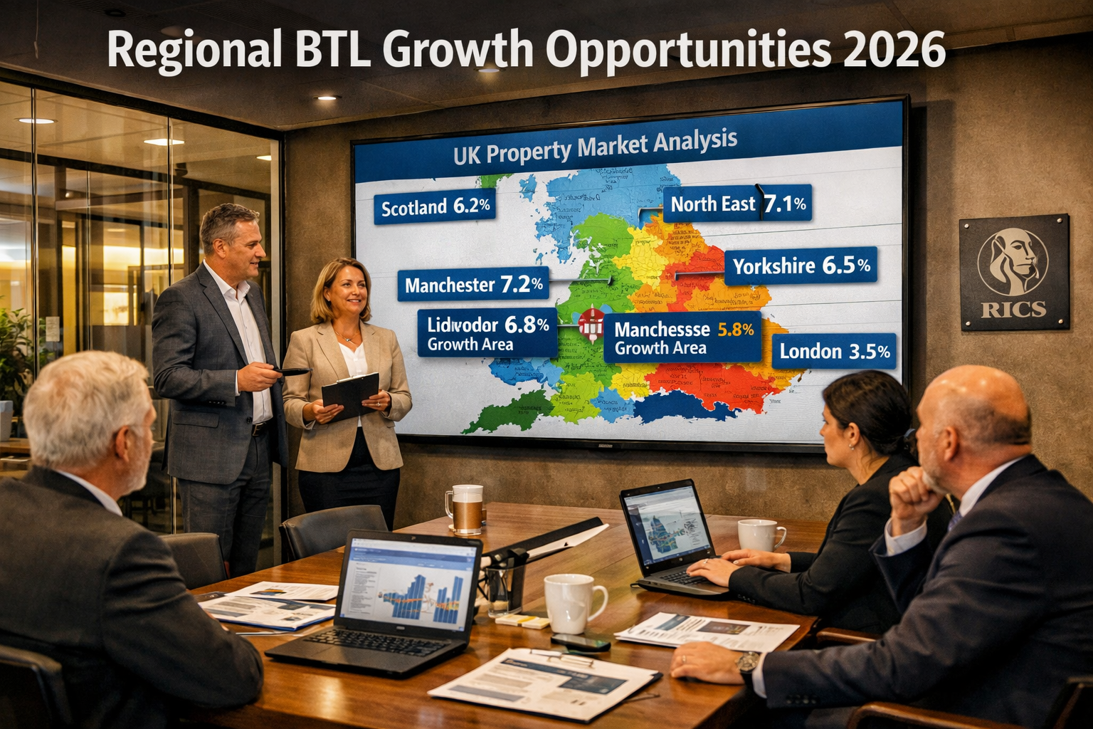 Detailed landscape format (1536x1024) image showing modern co-working style meeting room with chartered surveyors presenting market opportun