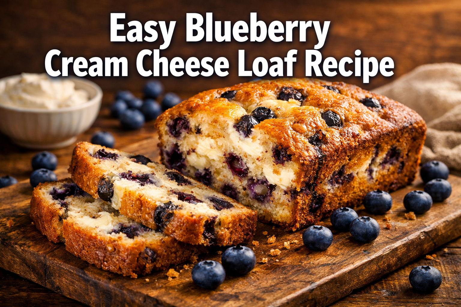 Professional landscape hero image (1536x1024) featuring bold text overlay 'Easy Blueberry Cream Cheese Loaf Recipe' in extra large 70pt whit