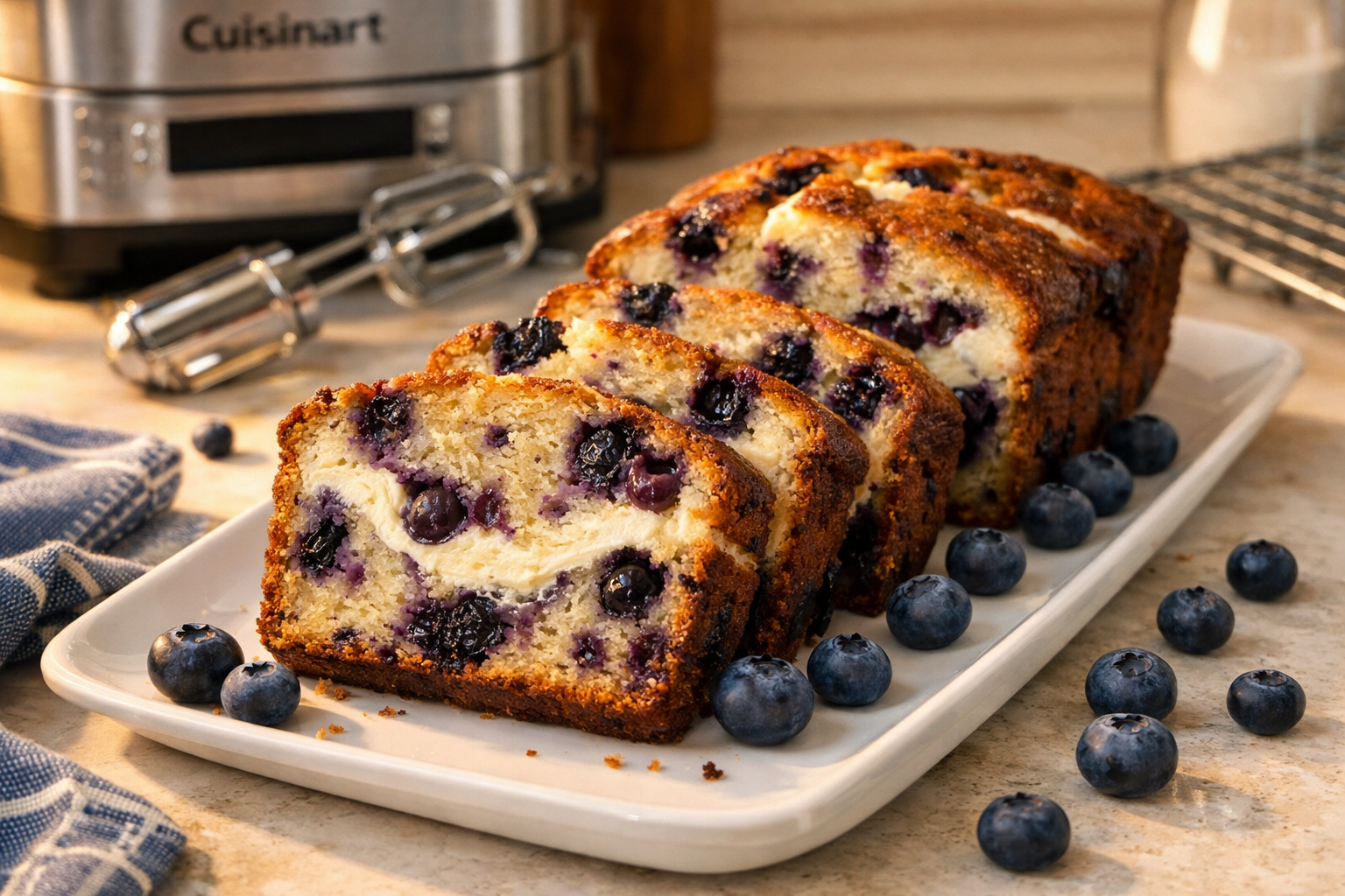 Landscape image (1536x1024) displaying perfectly sliced blueberry cream cheese loaf on white serving plate, showing moist crumb texture and 