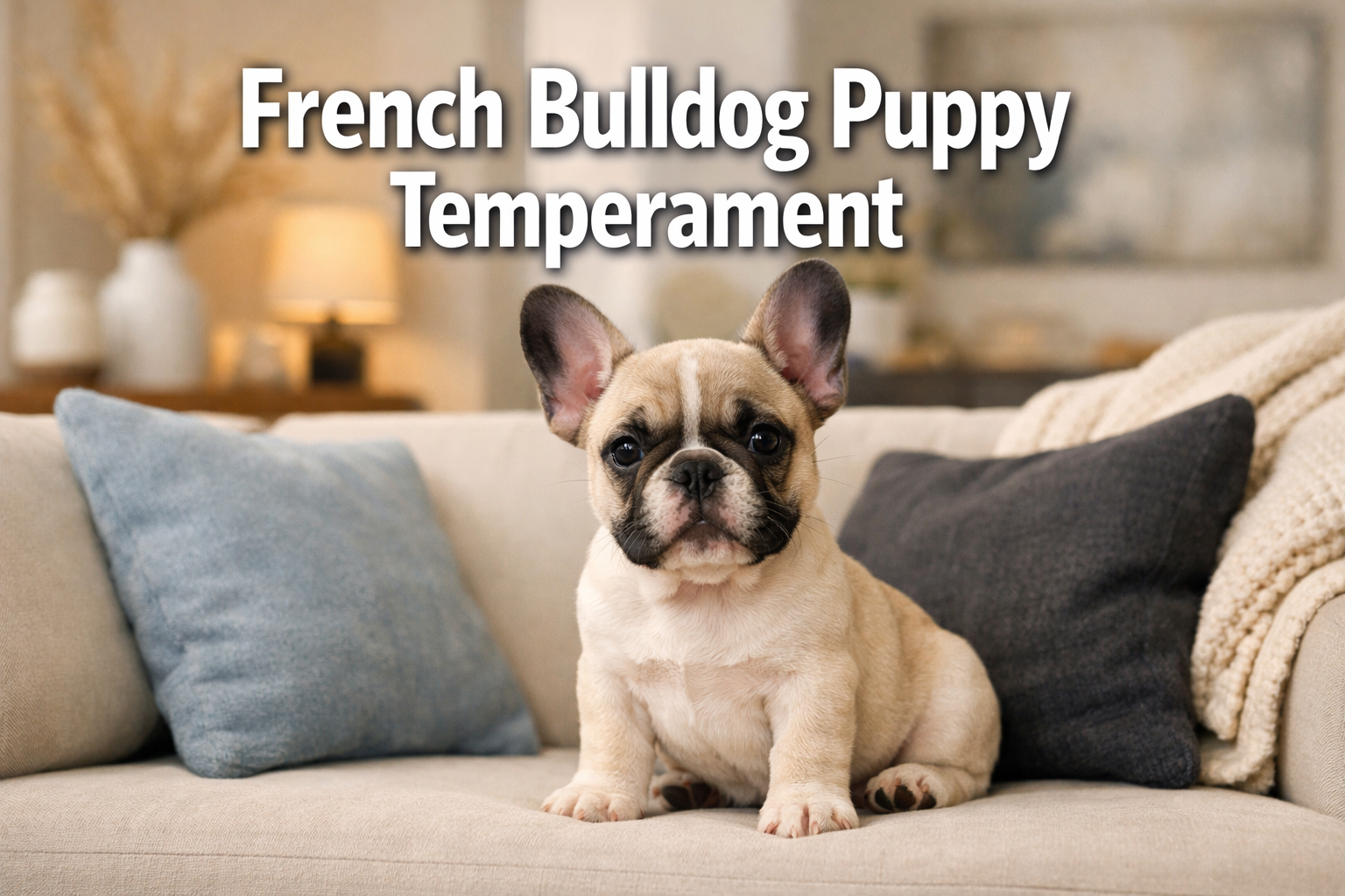 Professional landscape format (1536x1024) hero image featuring bold text overlay 'French Bulldog Puppy Temperament' in extra large 72pt whit