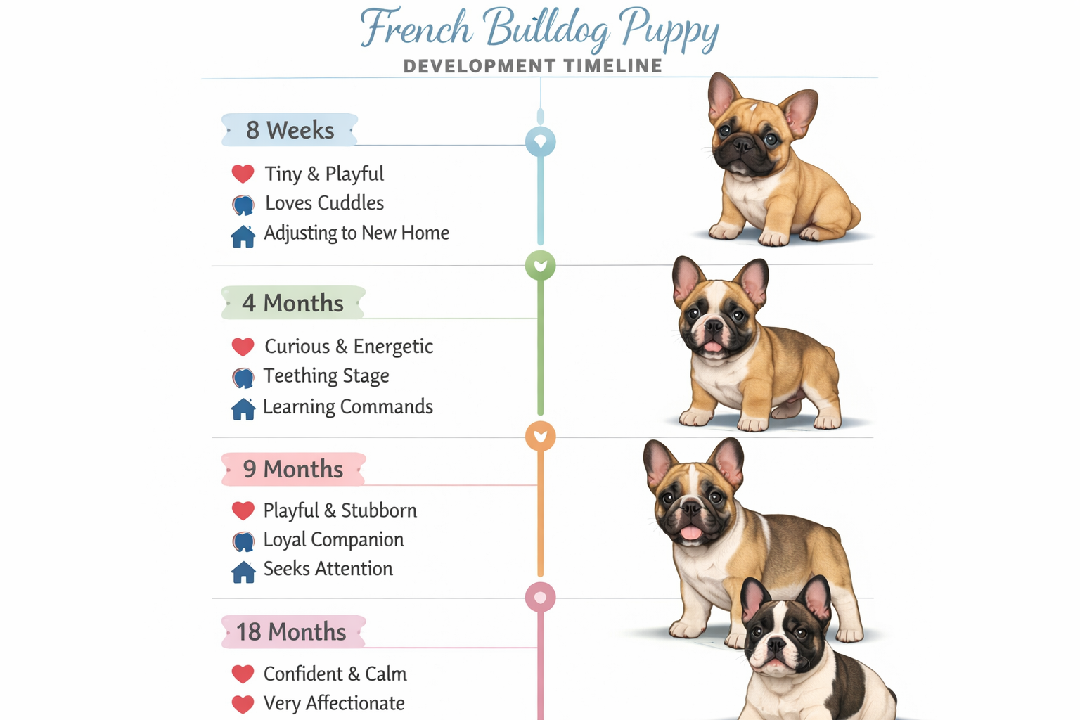 Portrait format (1024x1536) infographic showing French Bulldog puppy development timeline from 8 weeks to 18 months, featuring cute puppy il