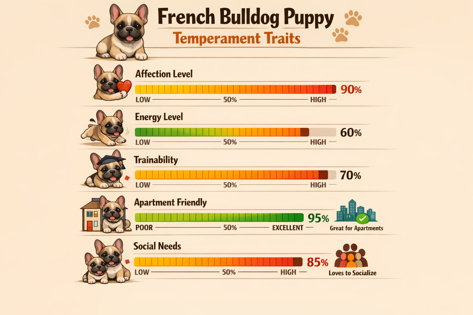 Portrait format (1024x1536) comparison chart showing French Bulldog puppy temperament traits in colorful bar graph format. Categories includ