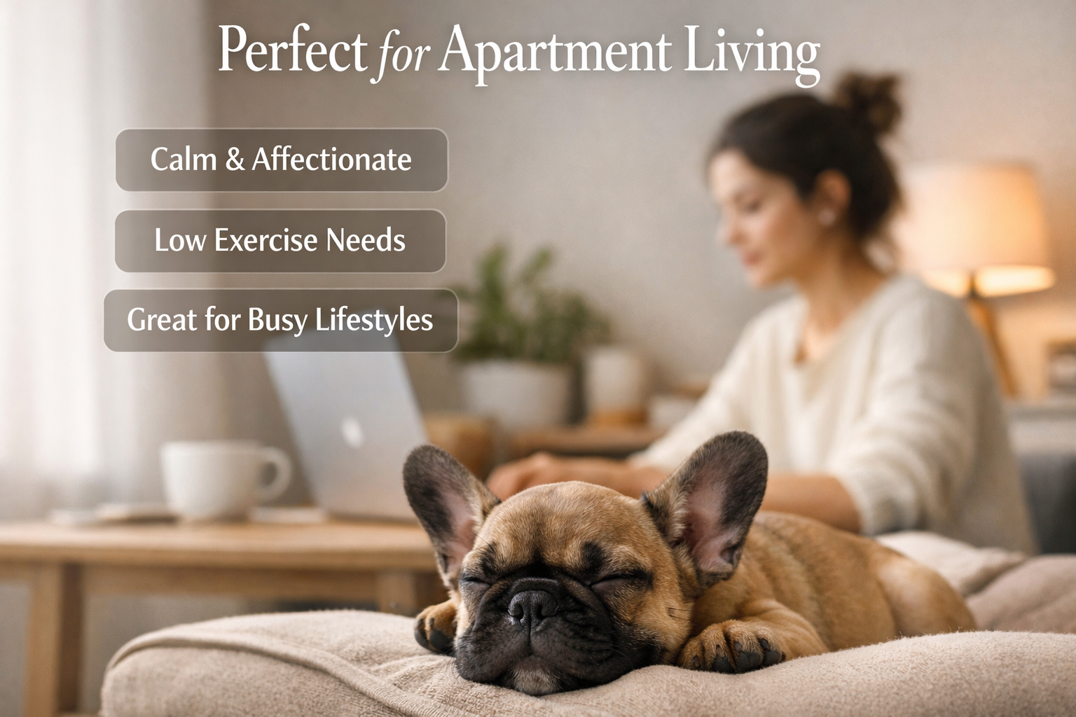 Portrait format (1024x1536) lifestyle scene showing French Bulldog puppy peacefully resting in modern apartment setting with owner working n