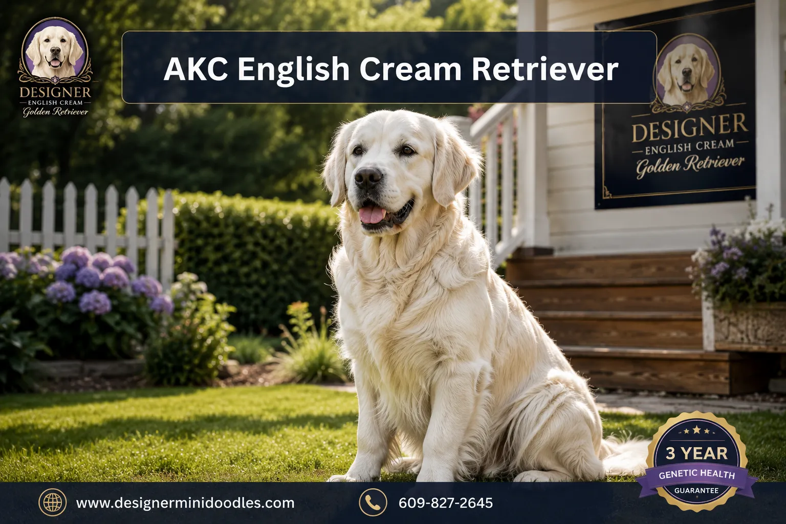 Professional () editorial hero image with SHORT : 'AKC English Cream Retriever' in modern white on a semi-transparent