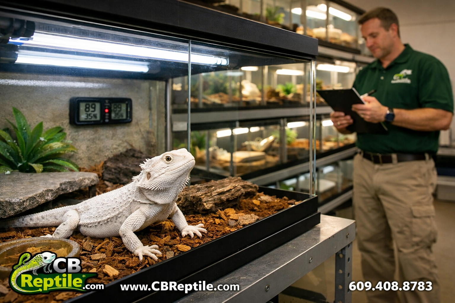 () wide-angle shot of a professional reptile breeder facility interior showing multiple clean glass enclosures with UVB
