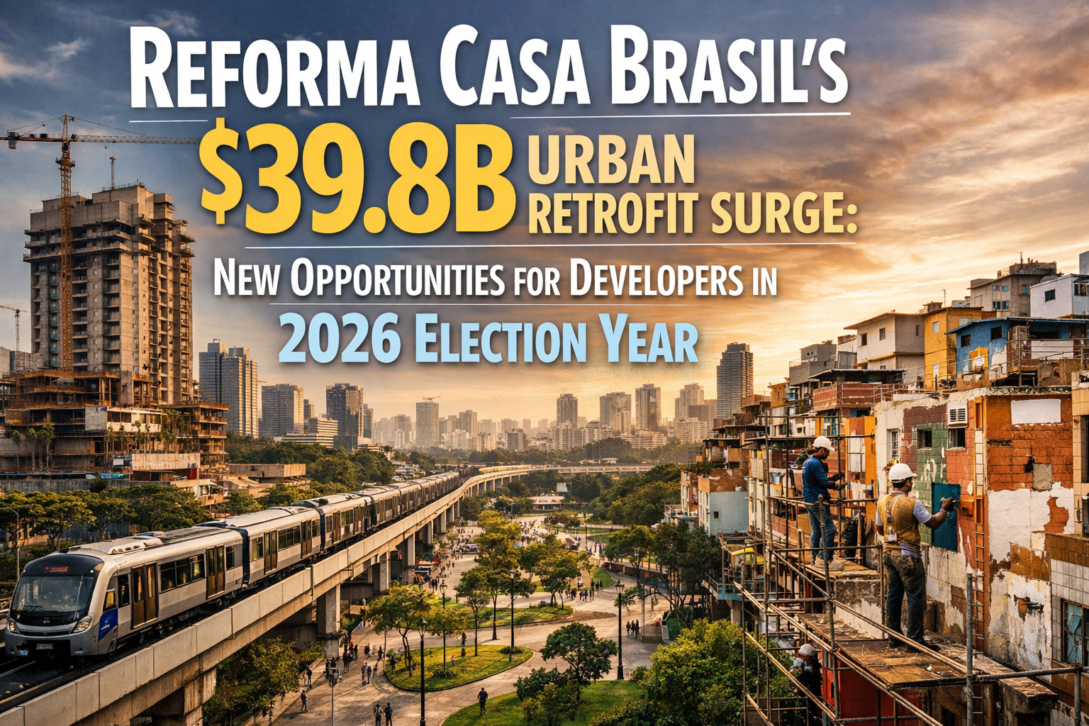 Professional landscape hero image (1536x1024) with bold text overlay: "Reforma Casa Brasil's $39.8B Urban Retrofit Surge: New Opportunities 