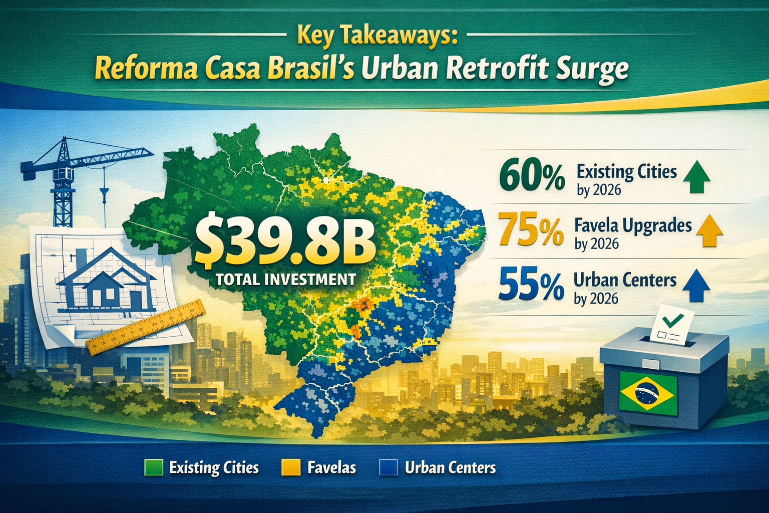 Key Takeaways section infographic visualizing Reforma Casa Brasil's $39.8B Urban Retrofit Surge, featuring a dynamic landscape-oriented desi