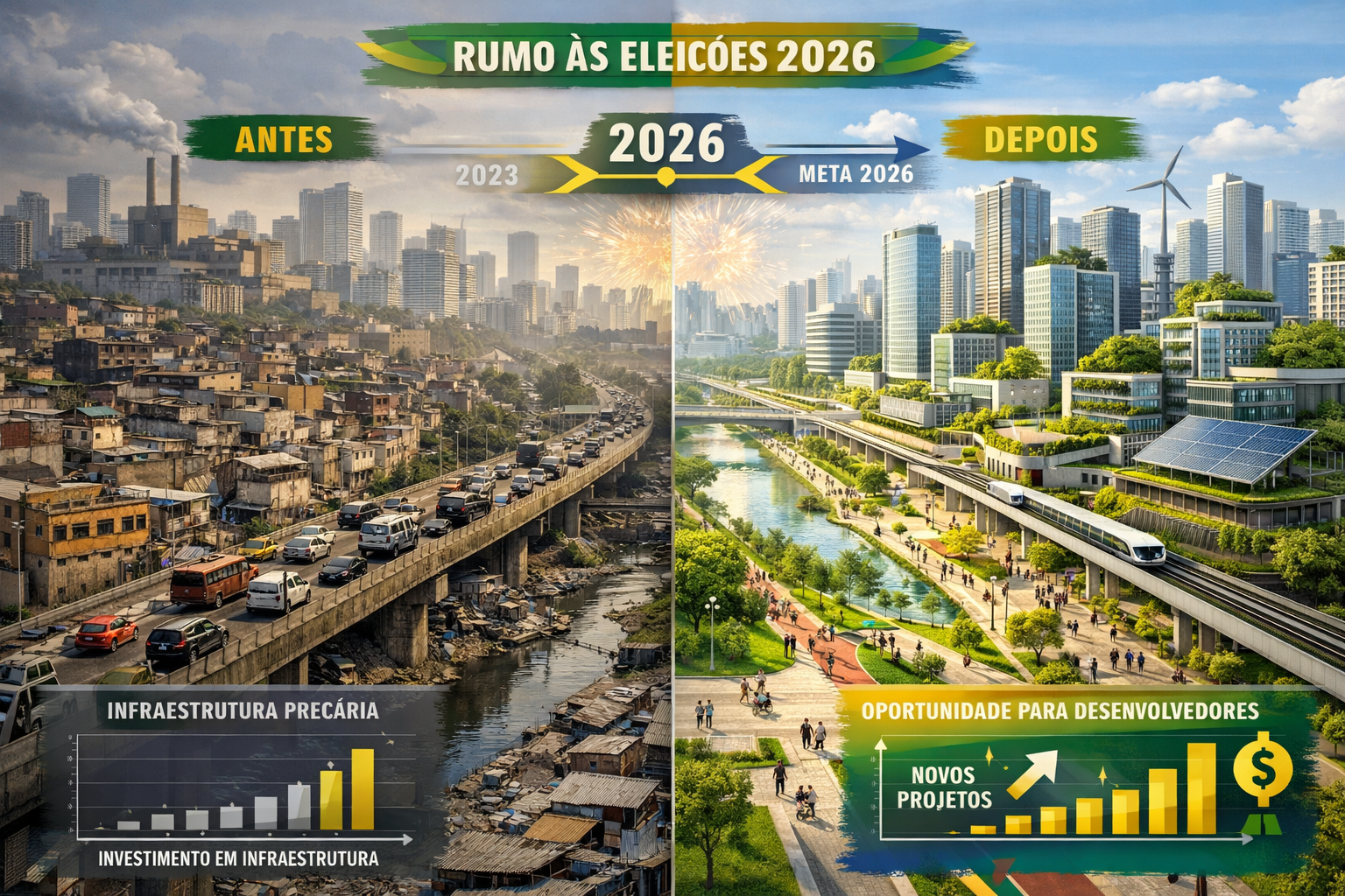Urban Retrofit context visualization depicting Brazil's urban transformation landscape. Panoramic cityscape showing before/after retrofit zo