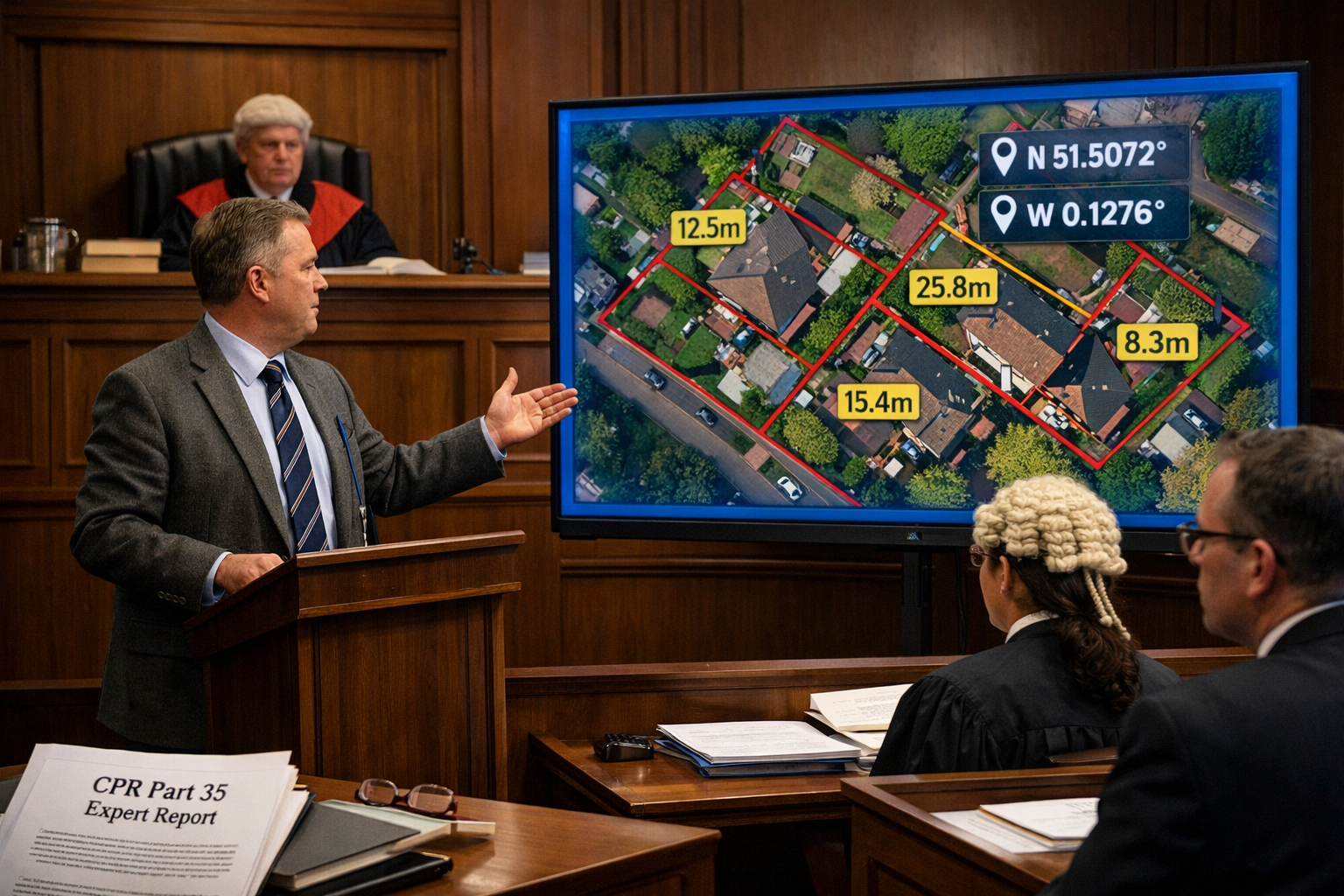 () editorial illustration showing a UK courtroom interior with a chartered surveyor expert witness standing at a podium
