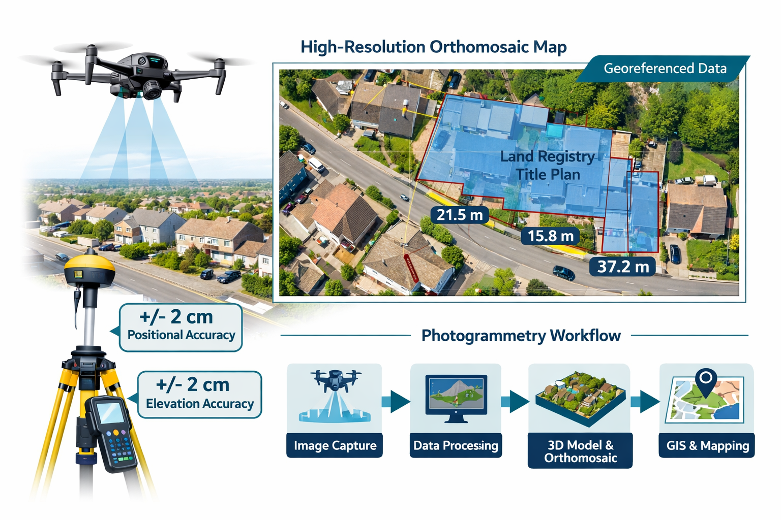 () technical infographic-style image showing a modern DJI-style drone in flight over a UK suburban street capturing