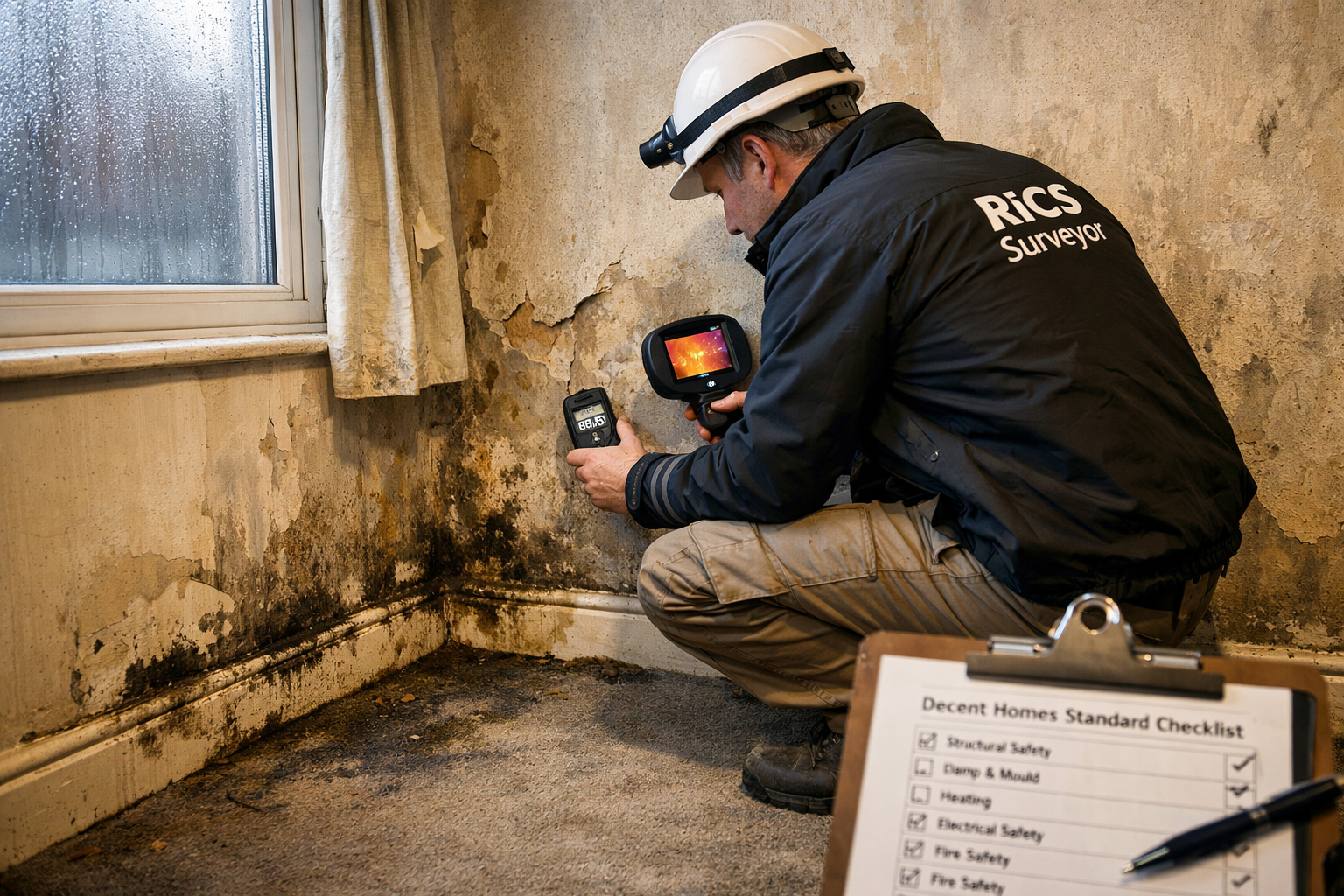 Wide-angle editorial photograph of a professional building surveyor conducting a Level 3 RICS survey inside a UK private