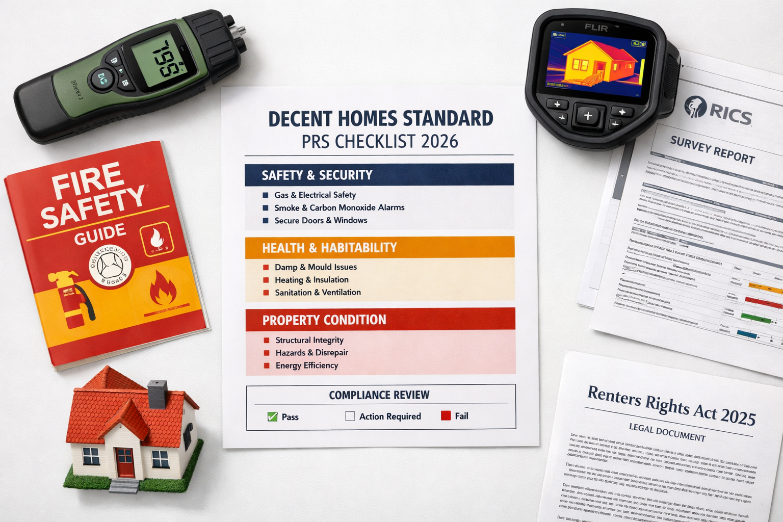 Overhead flat-lay editorial composition on a clean white desk showing a detailed building surveyor compliance checklist