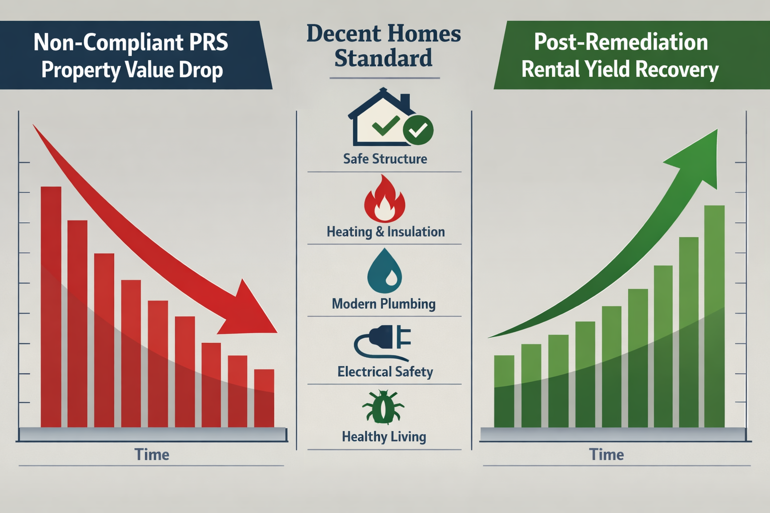 Split-screen editorial infographic illustration: left side shows a declining property valuation graph with a red downward