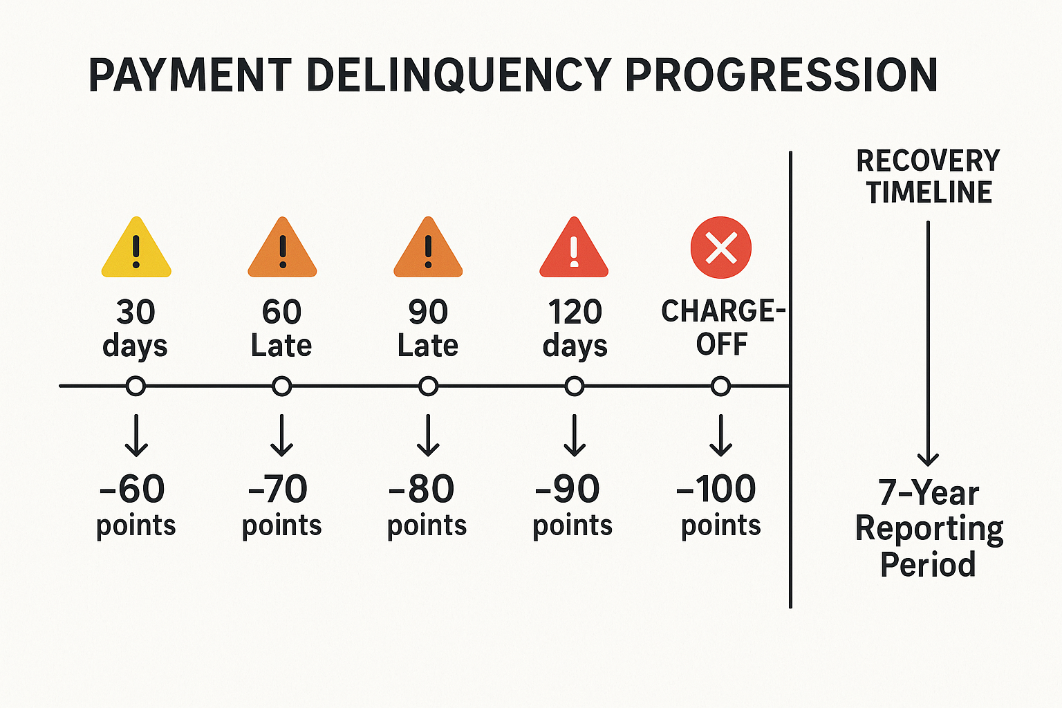 Comprehensive timeline visualization showing payment delinquency progression from 30 days late to 180 days charge-off. Horizontal timeline w