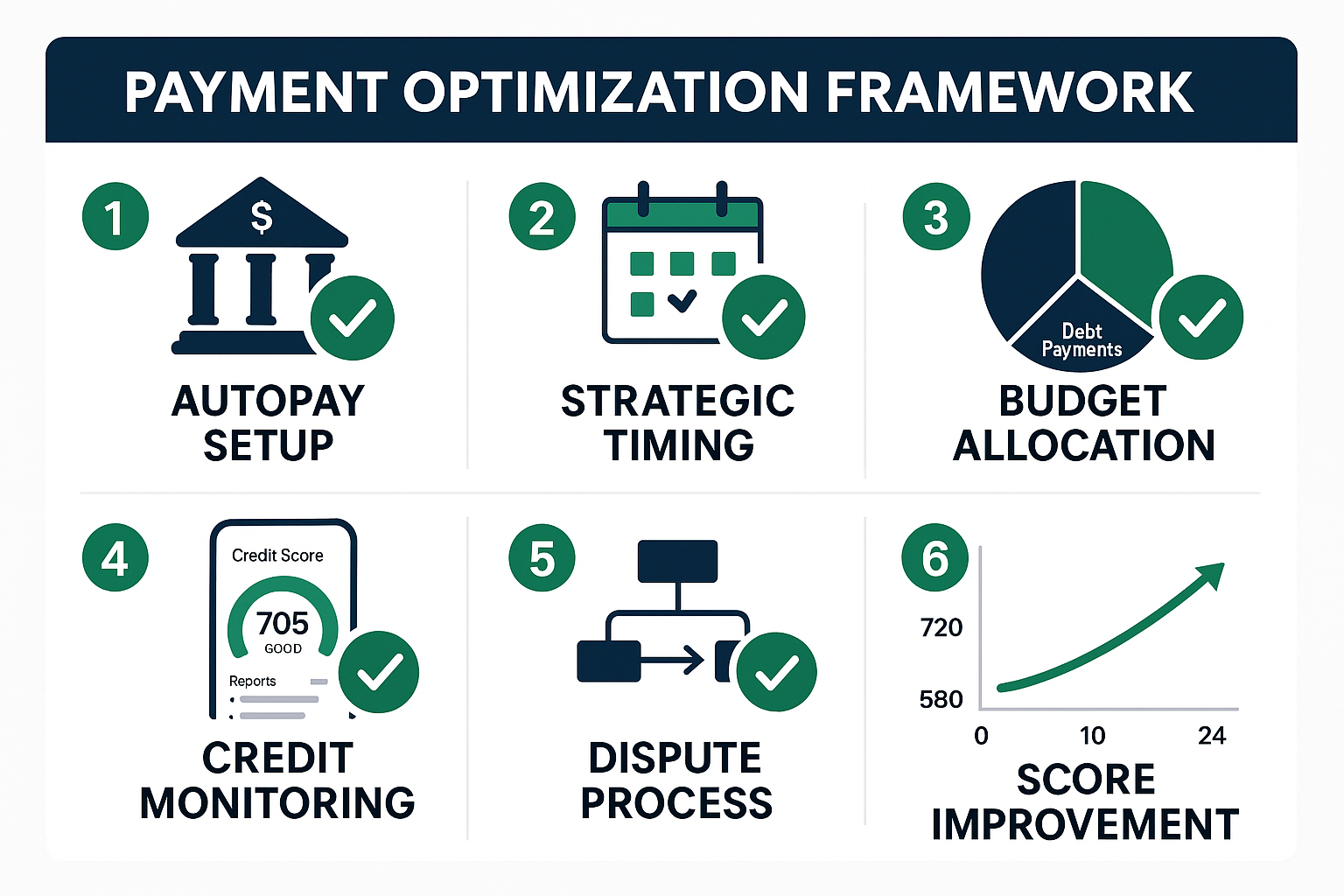 Step-by-step improvement strategy infographic showing payment optimization framework. Visual flowchart with numbered steps (1-6): autopay se