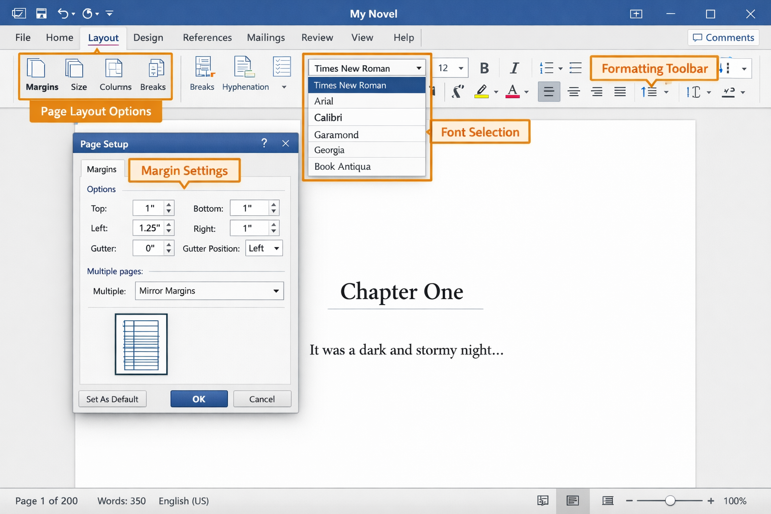 () detailed screenshot mockup of Microsoft Word interface showing document setup for book writing, displaying page layout