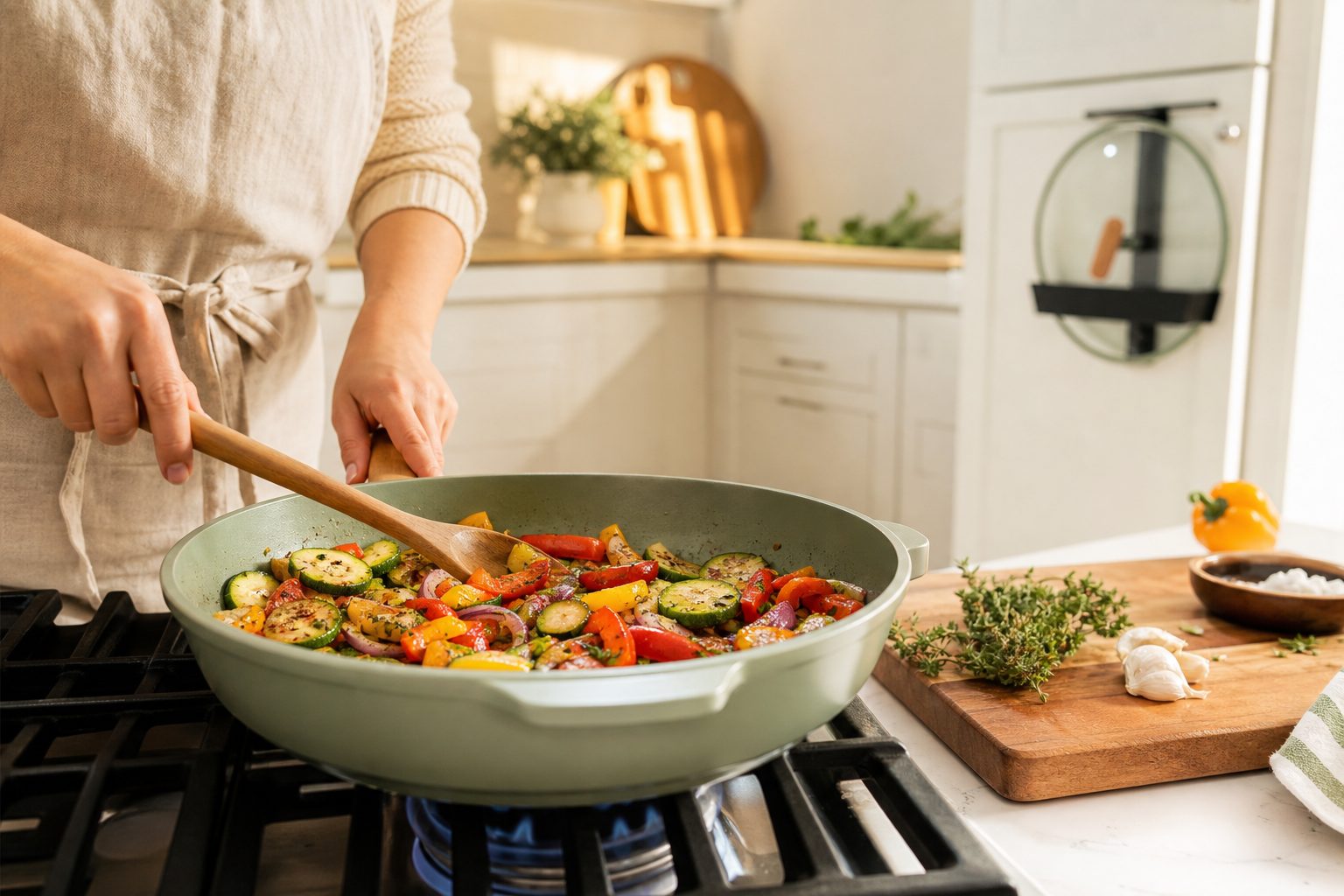 Caraway Cookware Set Landscape format (1536x1024) lifestyle photograph showing a home cook using a Caraway sauté pan on a gas stovetop, with colorful vegetables sizzling in the pan. The scene is bright and airy, with a clean white kitchen backdrop, wooden cutting board nearby, and a canvas lid holder mounted on the cabinet door. Warm golden-hour lighting, shallow depth of field on the pan surface, editorial food photography style. Color palette: cream, sage, warm wood tones.
Are Caraway Pans Good for Beginner Home Cooks