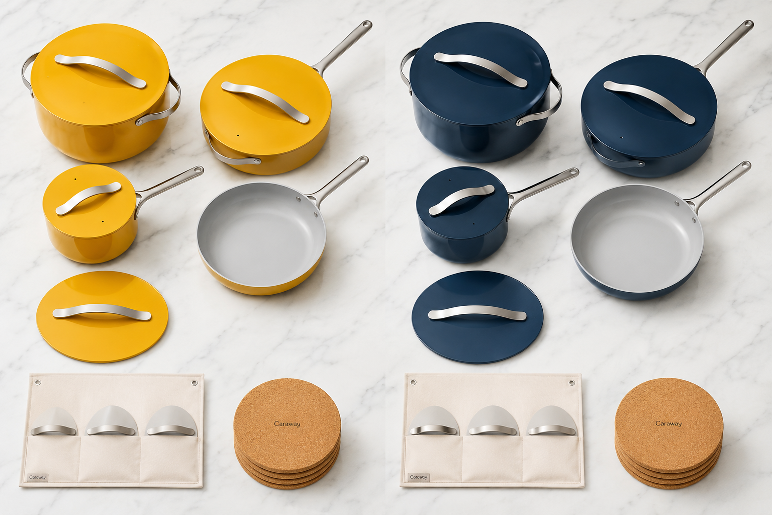 Caraway Cookware Set Landscape format (1536x1024) flat-lay overhead shot of all Caraway Cookware Set components arranged on a white marble surface: 3-quart saucepan, 4.5-quart sauté pan, 6.5-quart Dutch oven, 10.5-inch frying pan, matching lids, canvas lid holder, and cork trivet. Colors shown in Marigold and Navy variants side by side for color comparison. Crisp natural light, minimal styling, professional product photography with subtle shadows. Clean and organized composition.
What Colors Does Caraway Cookware Come In