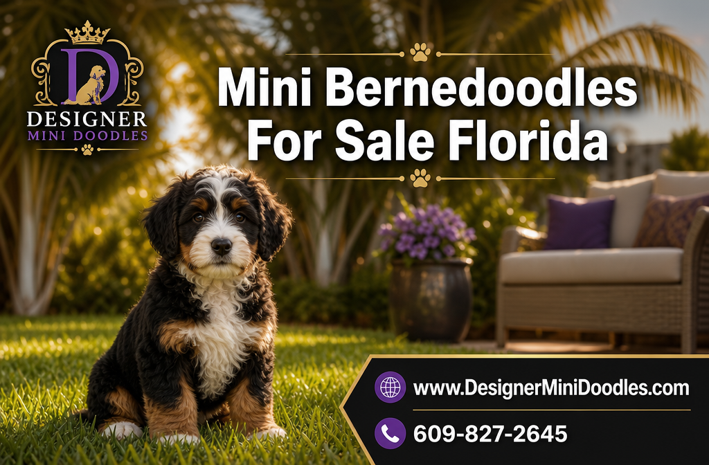 Professional () editorial hero image with 'Mini Bernedoodles For Sale Florida' in white with subtle drop , positioned in