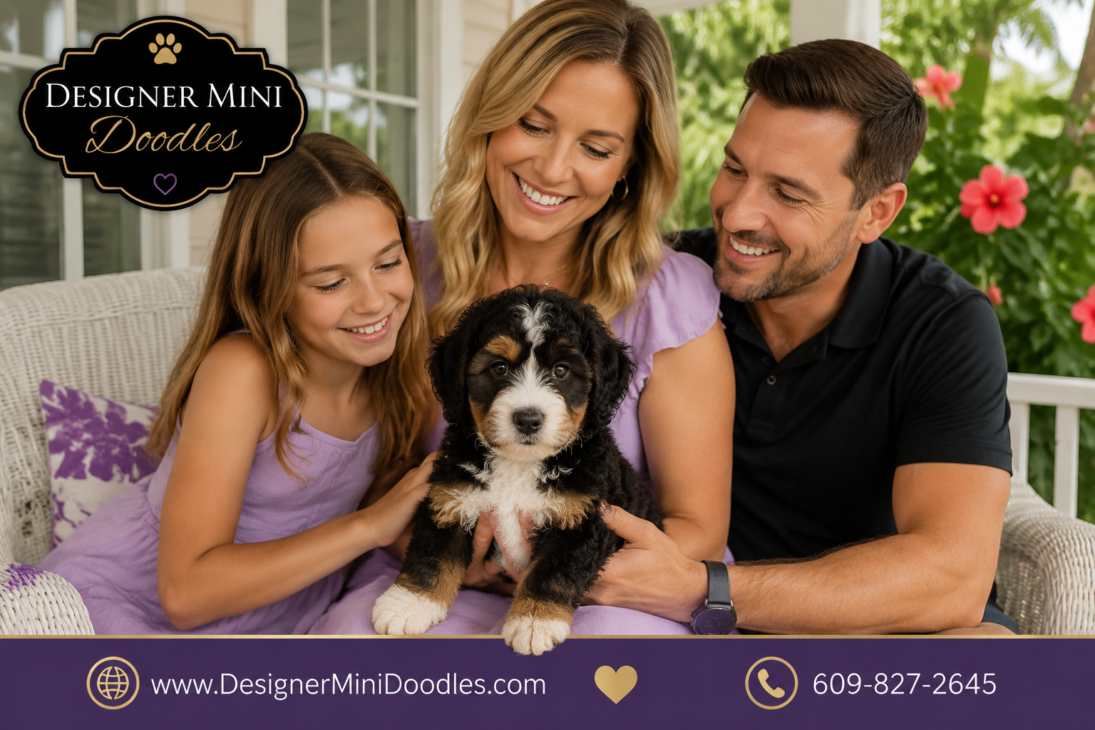 () photograph of a tri-color mini bernedoodle puppy being held by a smiling Florida family on a porch with white wicker