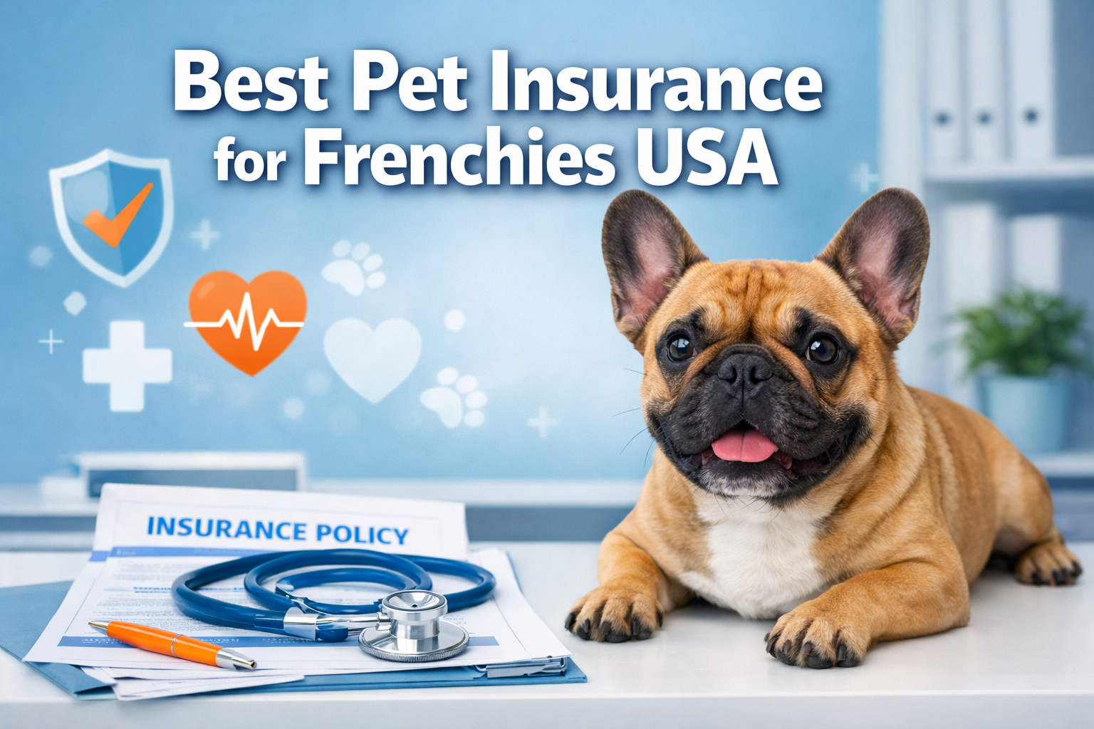 Professional landscape format (1536x1024) hero image featuring bold text overlay 'Best Pet Insurance for Frenchies USA' in extra large 70pt