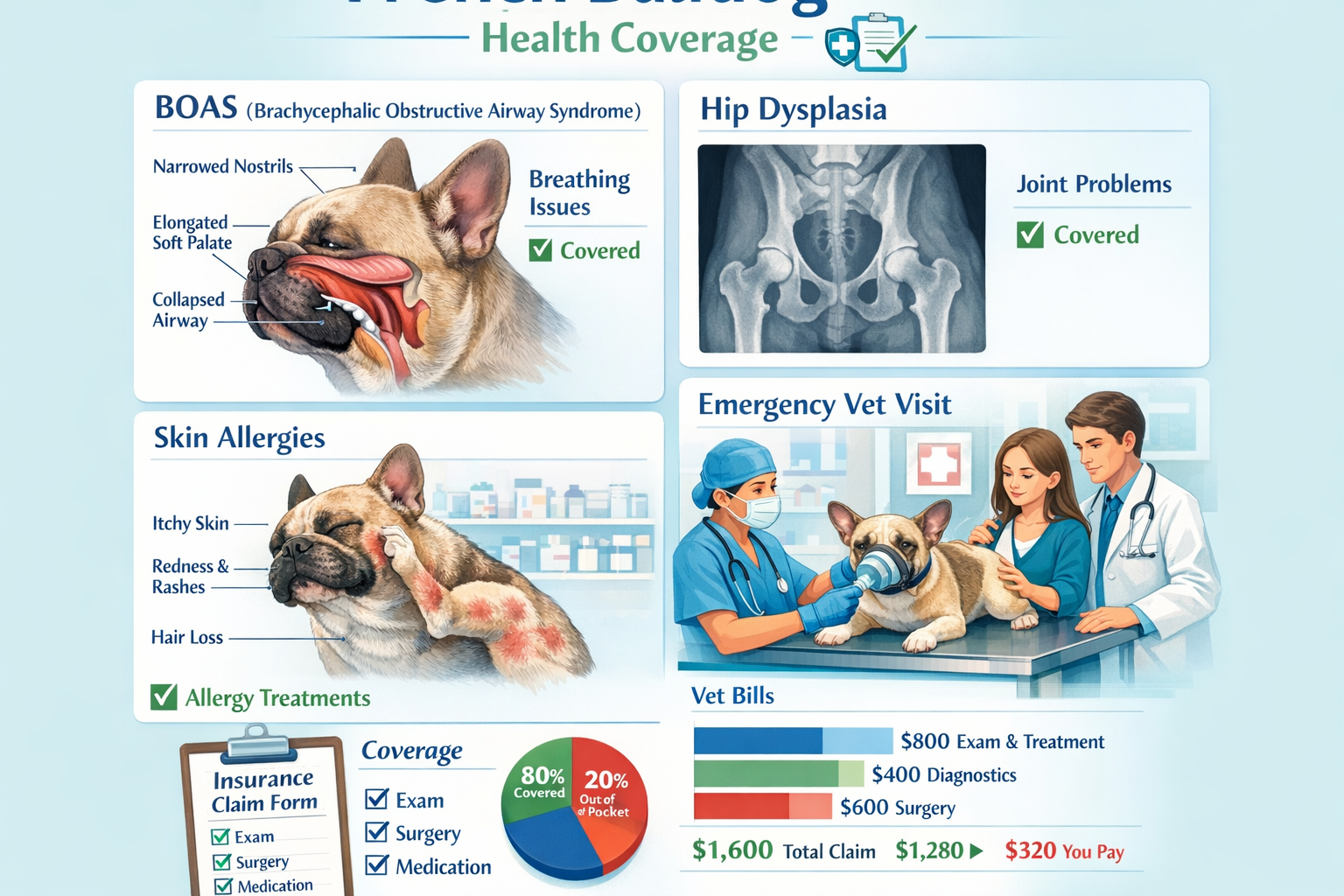 Portrait format (1024x1536) detailed illustration of French Bulldog health conditions coverage including BOAS breathing diagram, hip dysplas