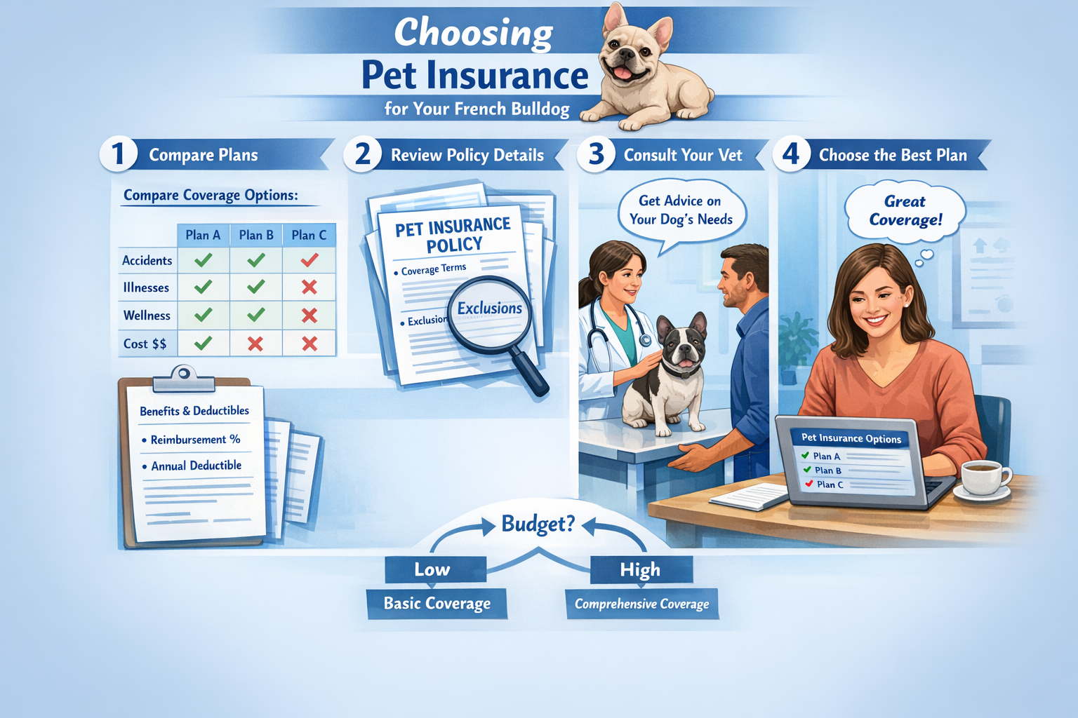 Portrait format (1024x1536) step-by-step visual guide showing pet insurance selection process for French Bulldogs. Includes comparison chart